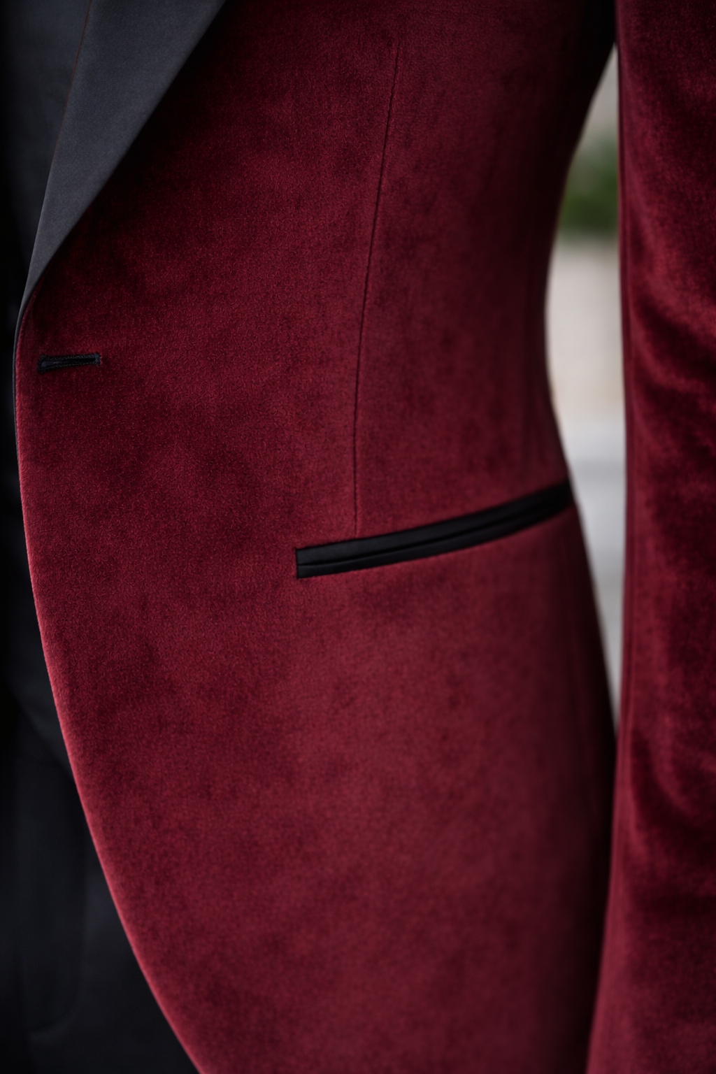 VIOSSI Bordeaux Velvet Slim-Fit Tuxedo 3-Piece front view showing tuxedo double breasted jacket in rich burgundy color