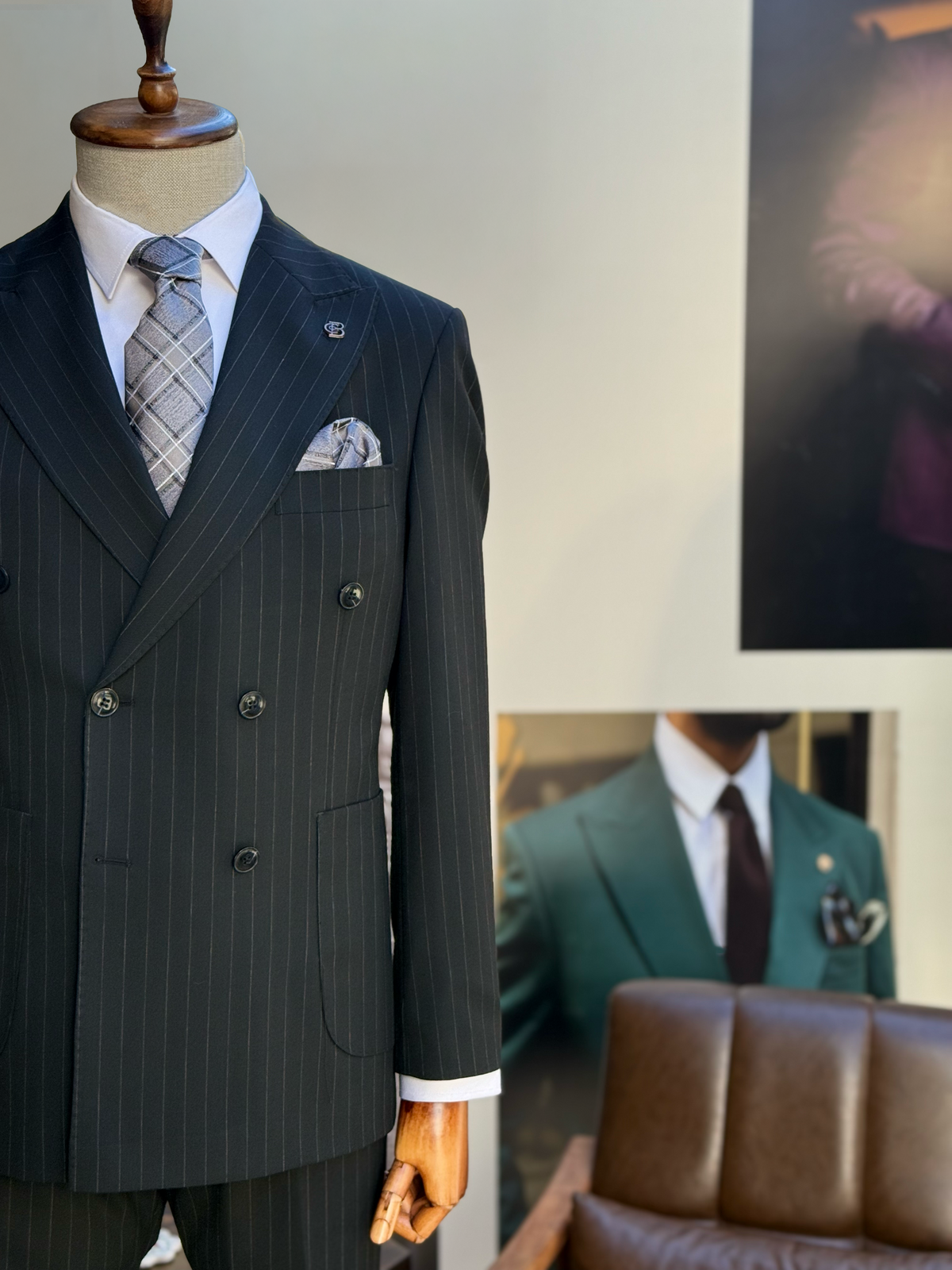 VIOSSI black striped tuxedo double breasted suit 2-piece front view - formal menswear with peak lapels and button closure