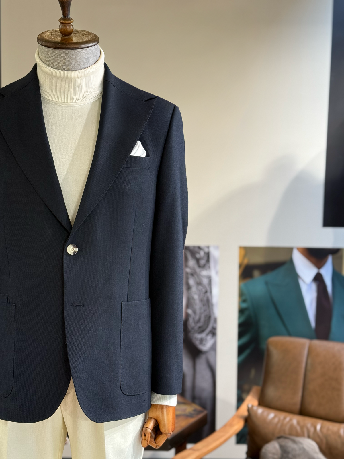 VIOSSI navy single breasted blazer front view - men double breasted blazer style tailored suit jacket