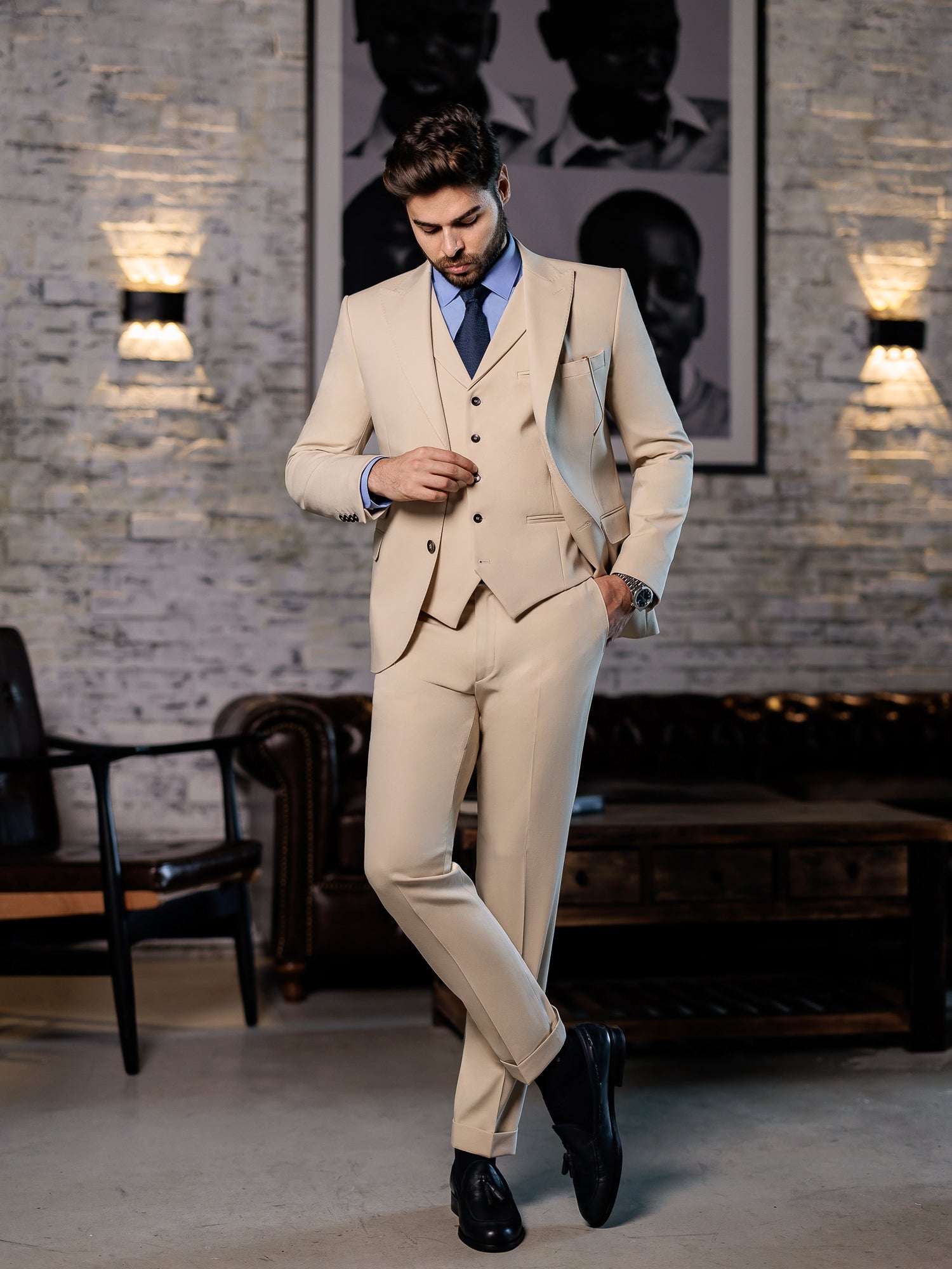 Beige Slim-Fit Suit 3-Piece