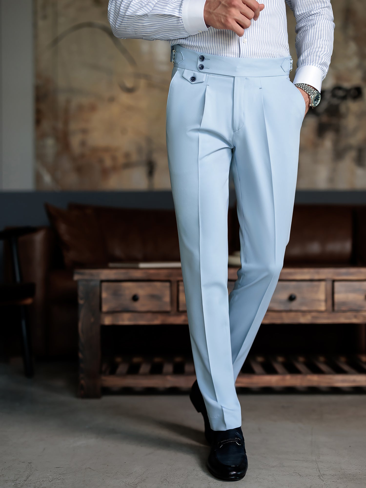 London Sky-Blue High Waist Slim-Fit Pants