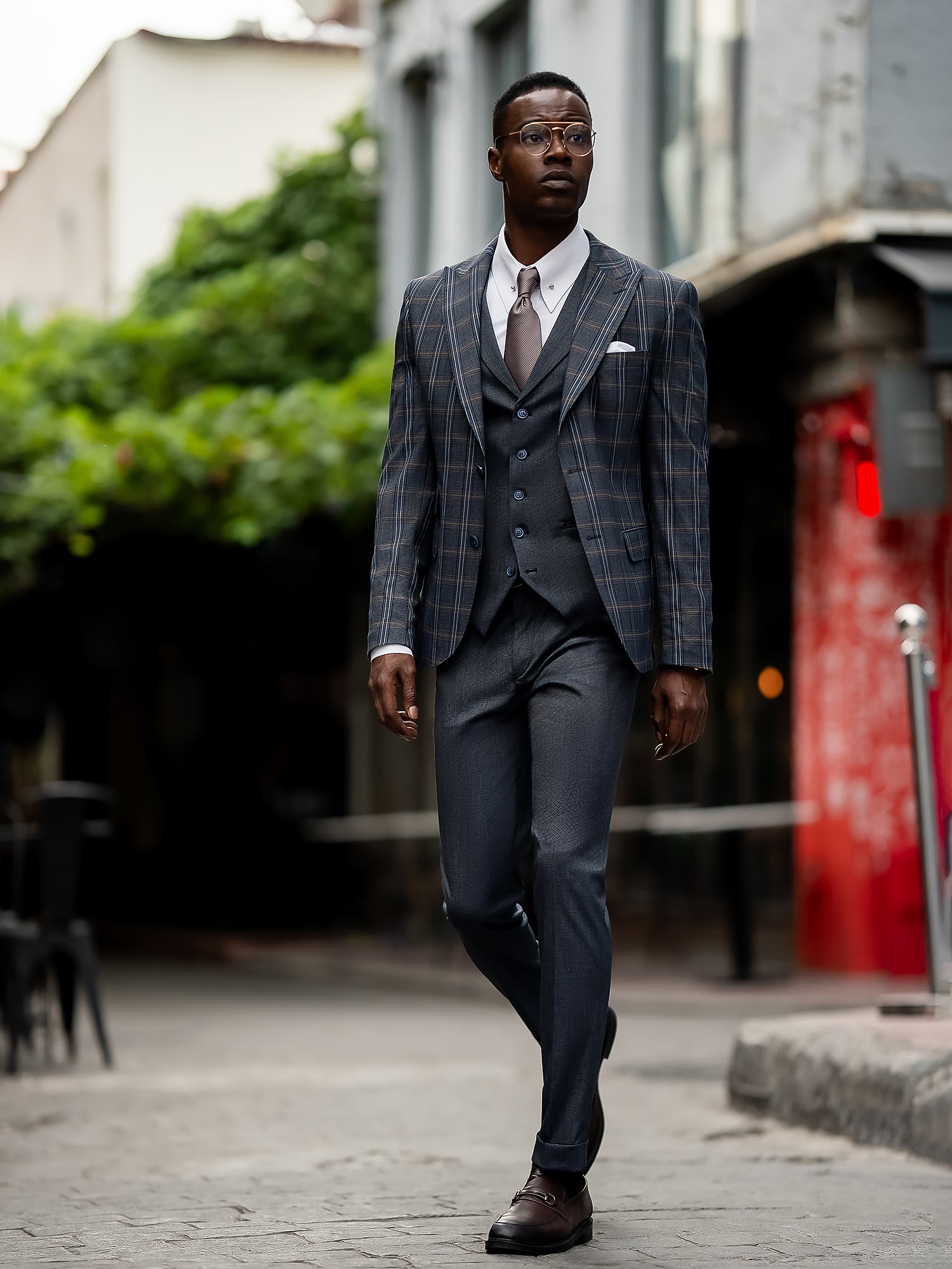 Navy Plaid Slim-Fit Suit 3-Piece