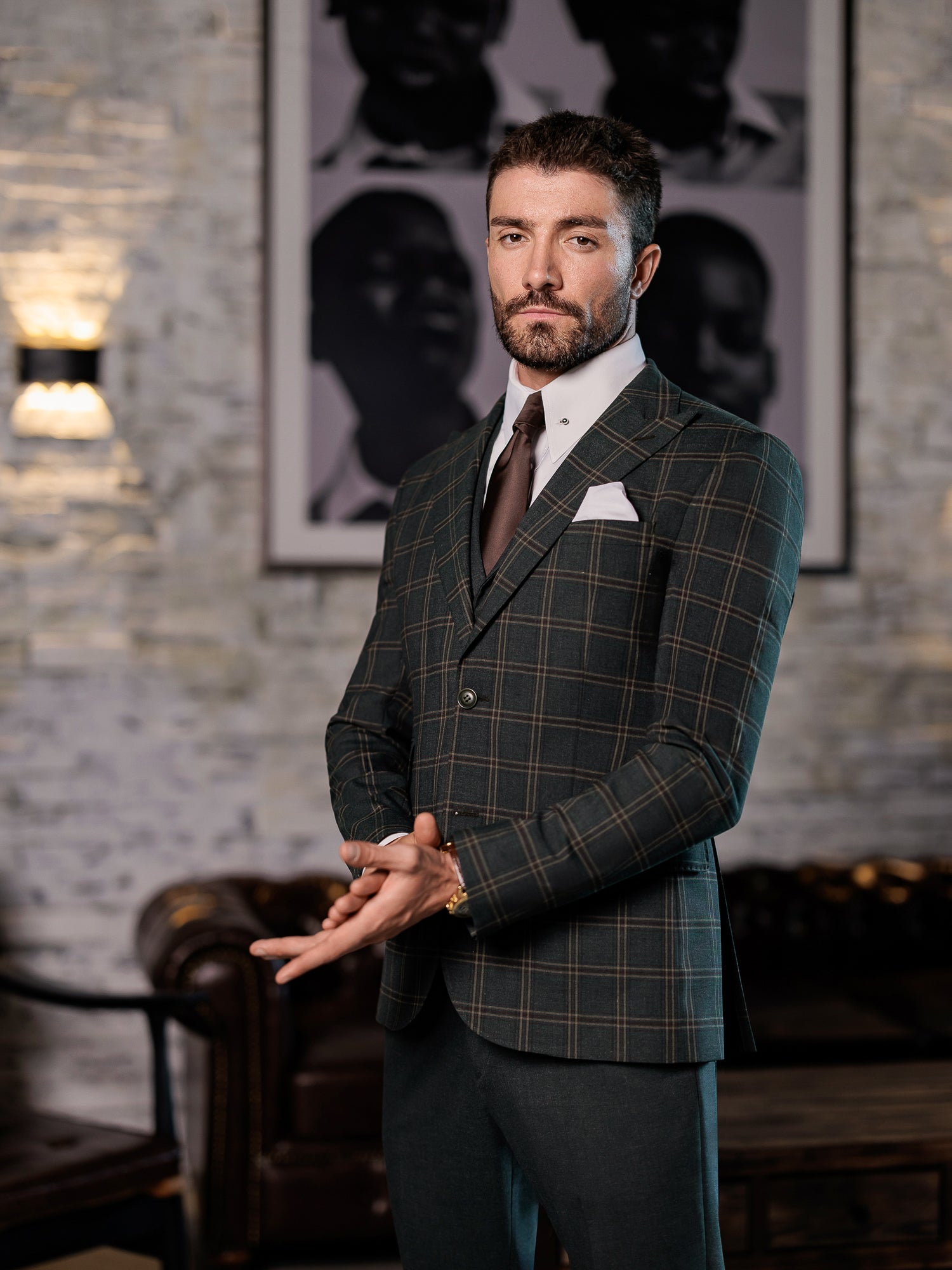 Green Plaid Slim-Fit Suit 3-Piece