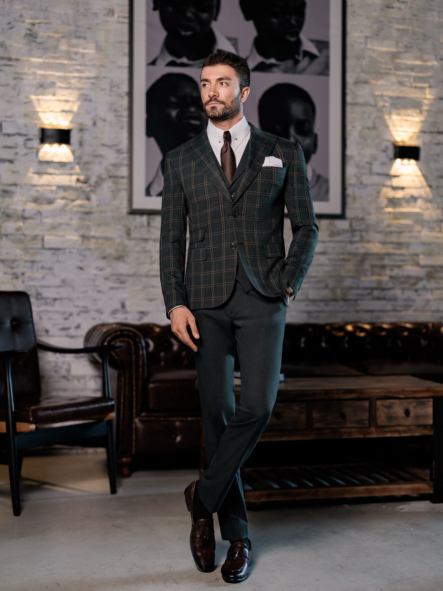 Green Plaid Slim-Fit Suit 3-Piece