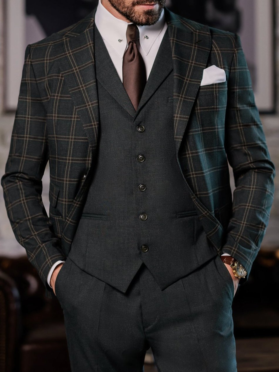 Green Plaid Slim-Fit Suit 3-Piece