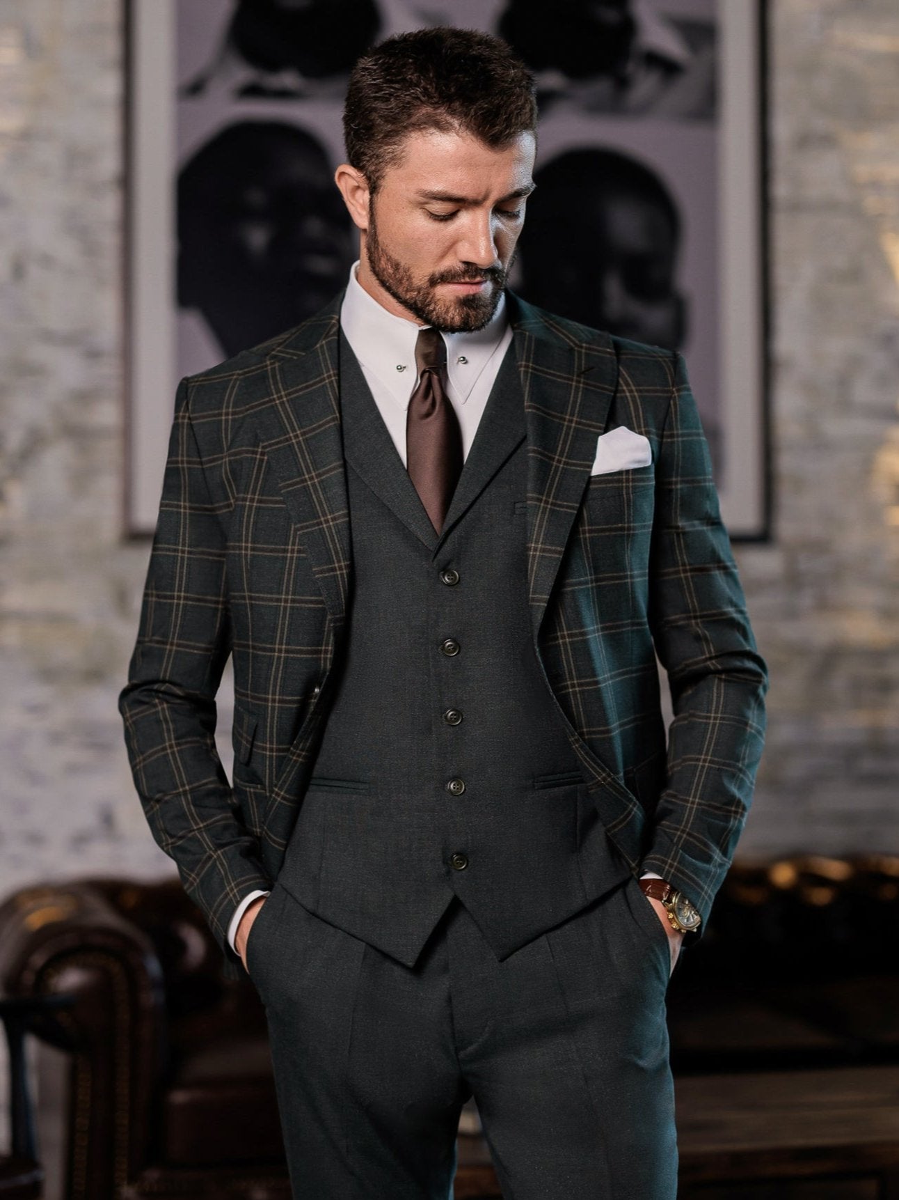 Green Plaid Slim-Fit Suit 3-Piece