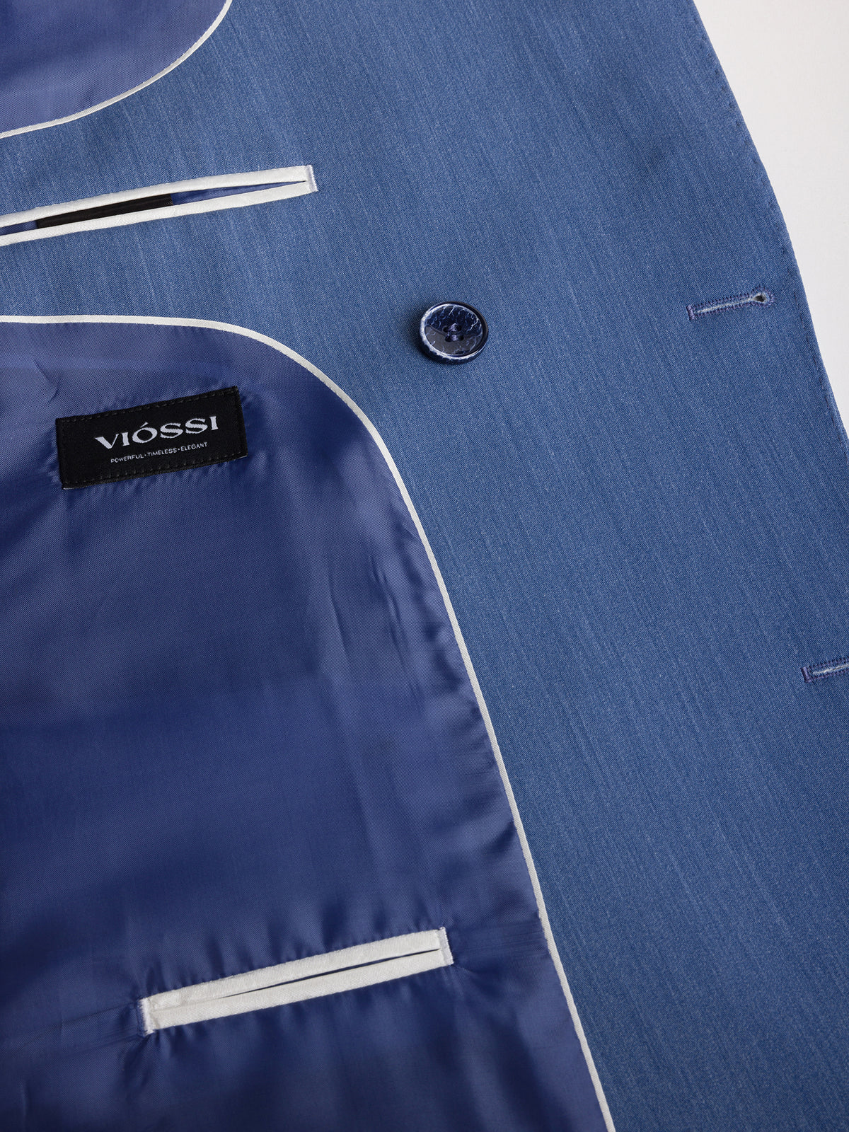 VIOSSI London blue double breasted blazer styled ensemble - light blue wedding suit complete look