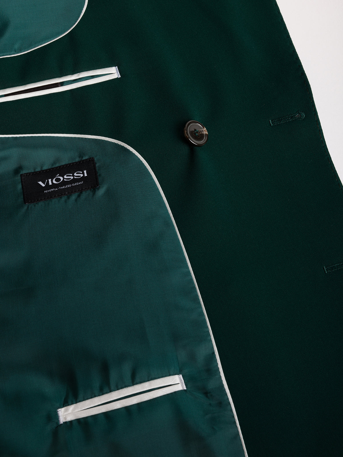 VIOSSI London Green tuxedo double breasted blazer styled on model showing formal menswear silhouette