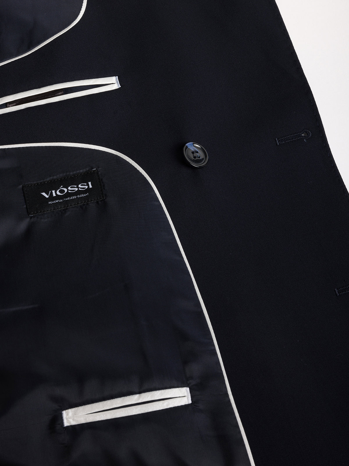 VIOSSI London Navy tuxedo double breasted blazer on model showcasing formal evening wear styling