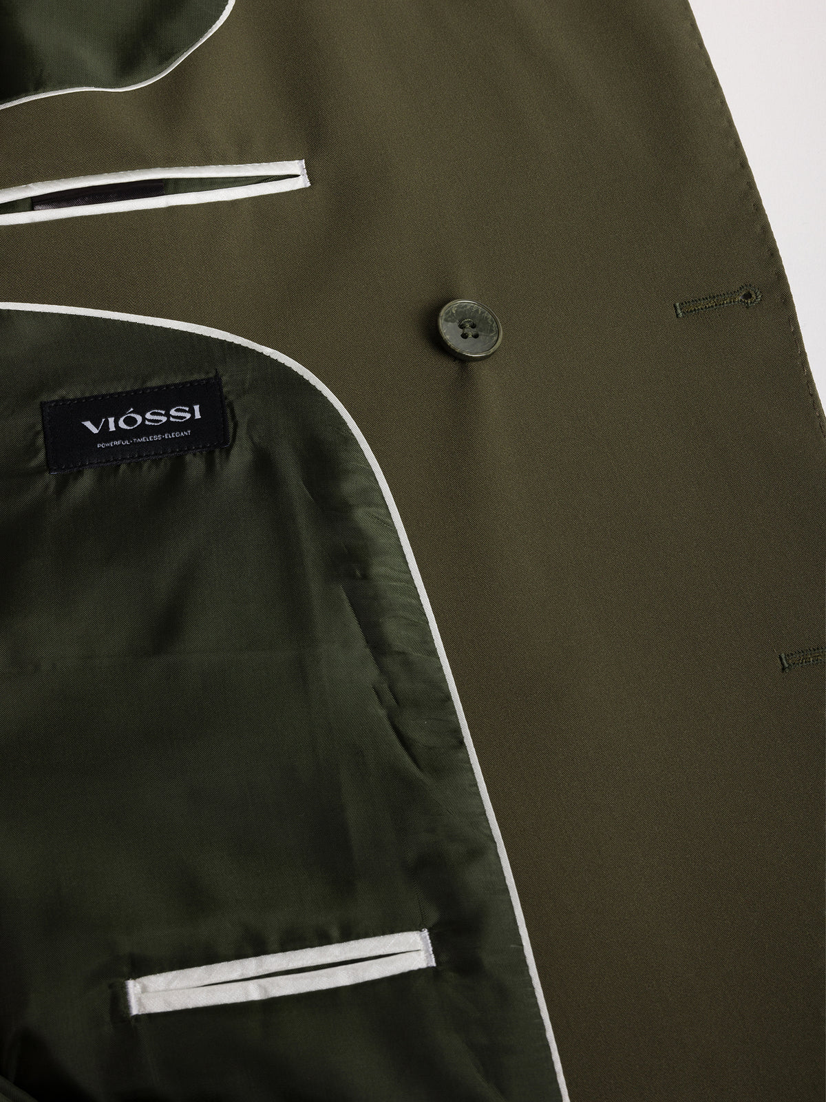 VIOSSI London Khaki double breasted blazer close-up detail of buttons and breast pocket craftsmanship