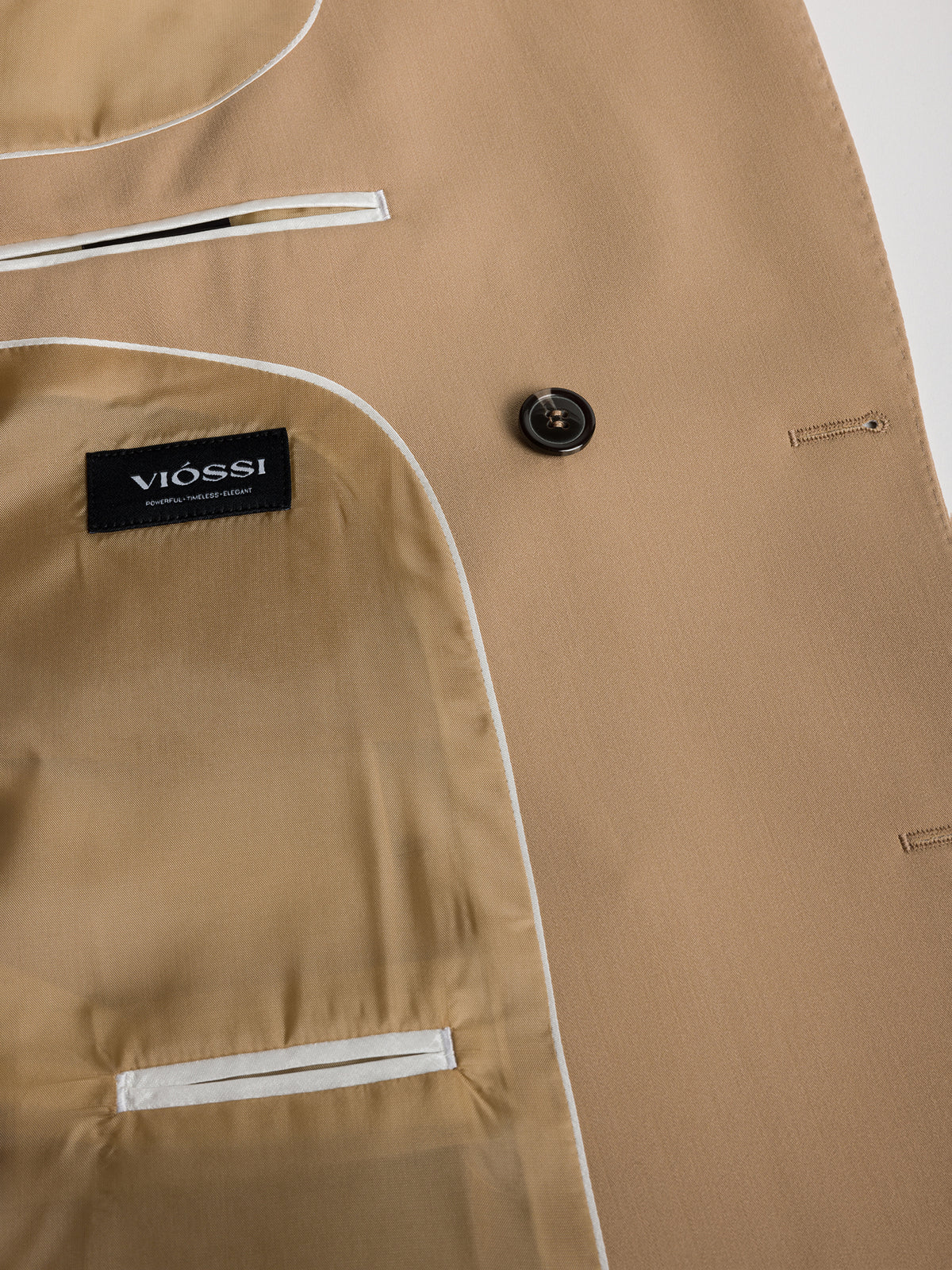 VIOSSI London Camel Double Breasted Blazer detail view - tuxedo double breasted showing camel fabric and construction
