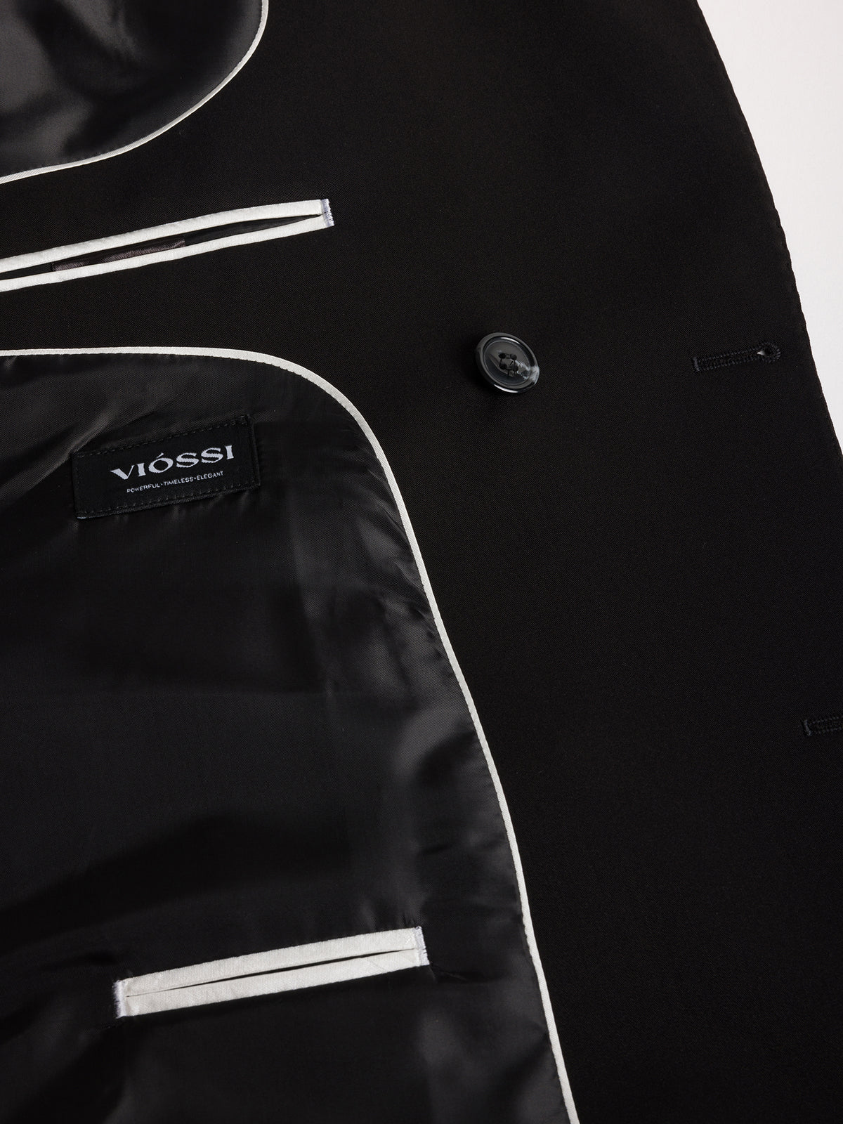 VIOSSI London Black Double Breasted Blazer styled look - tuxedo double breasted worn with formal accessories