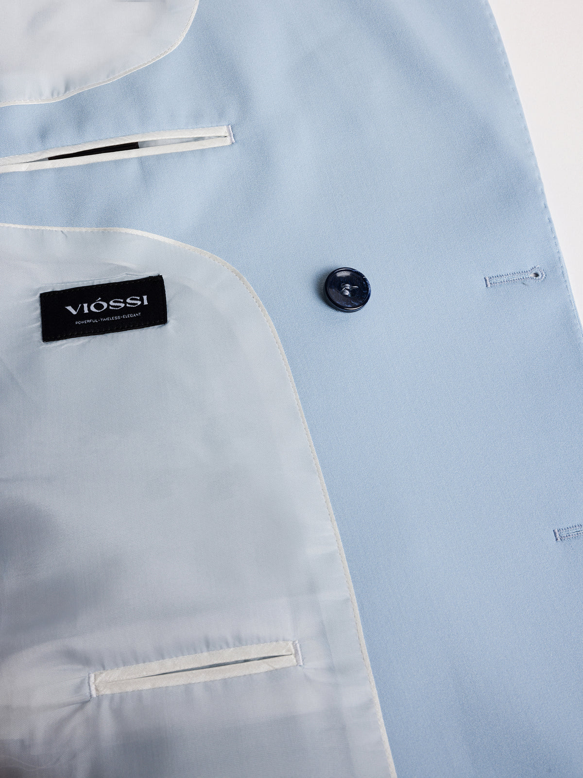 VIOSSI London Sky-Blue Double Breasted Blazer back view - tuxedo double breasted in sophisticated light blue