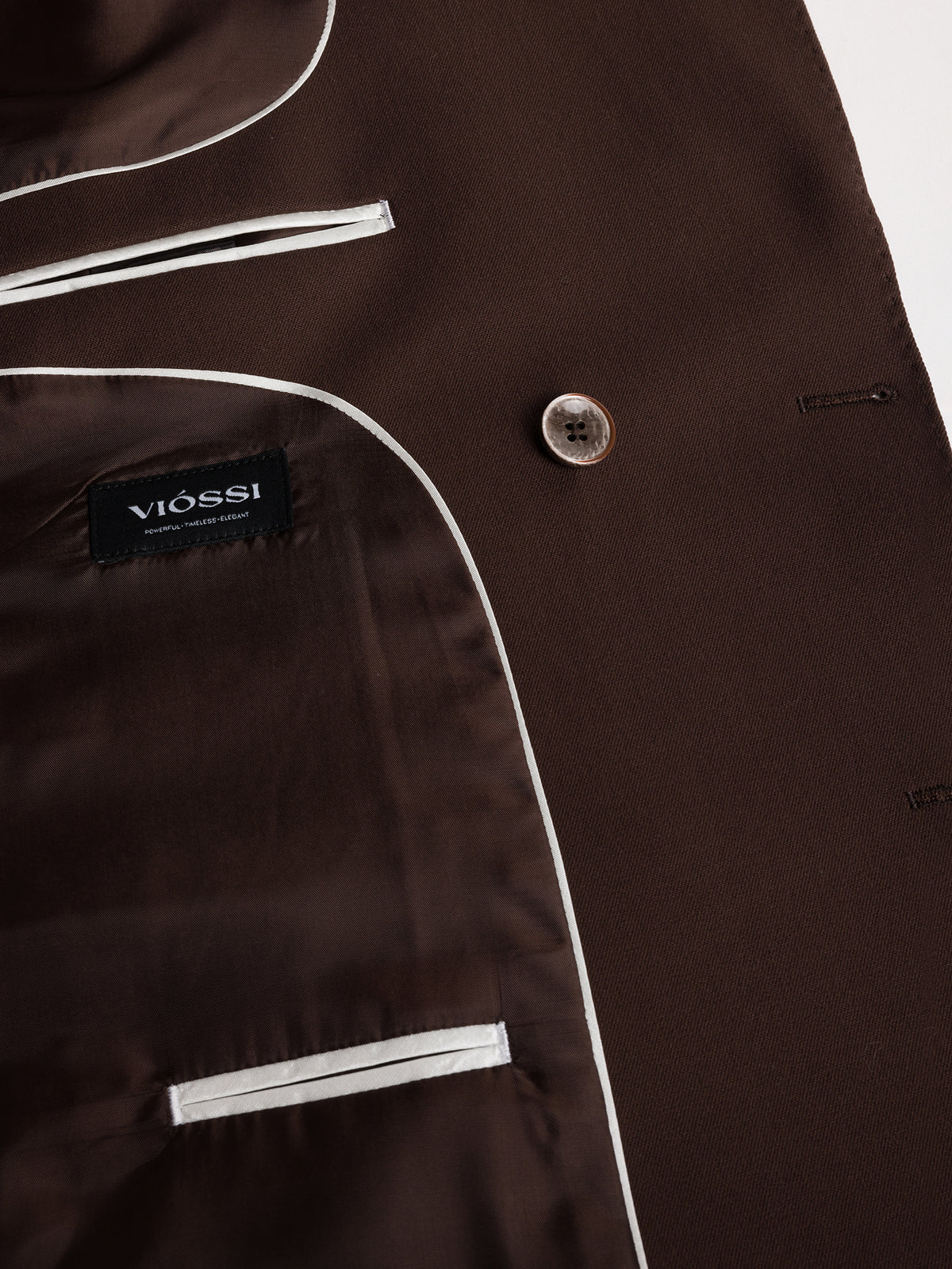 VIOSSI London Brown Double Breasted Blazer back angle - tuxedo double breasted tailoring in deep brown shade