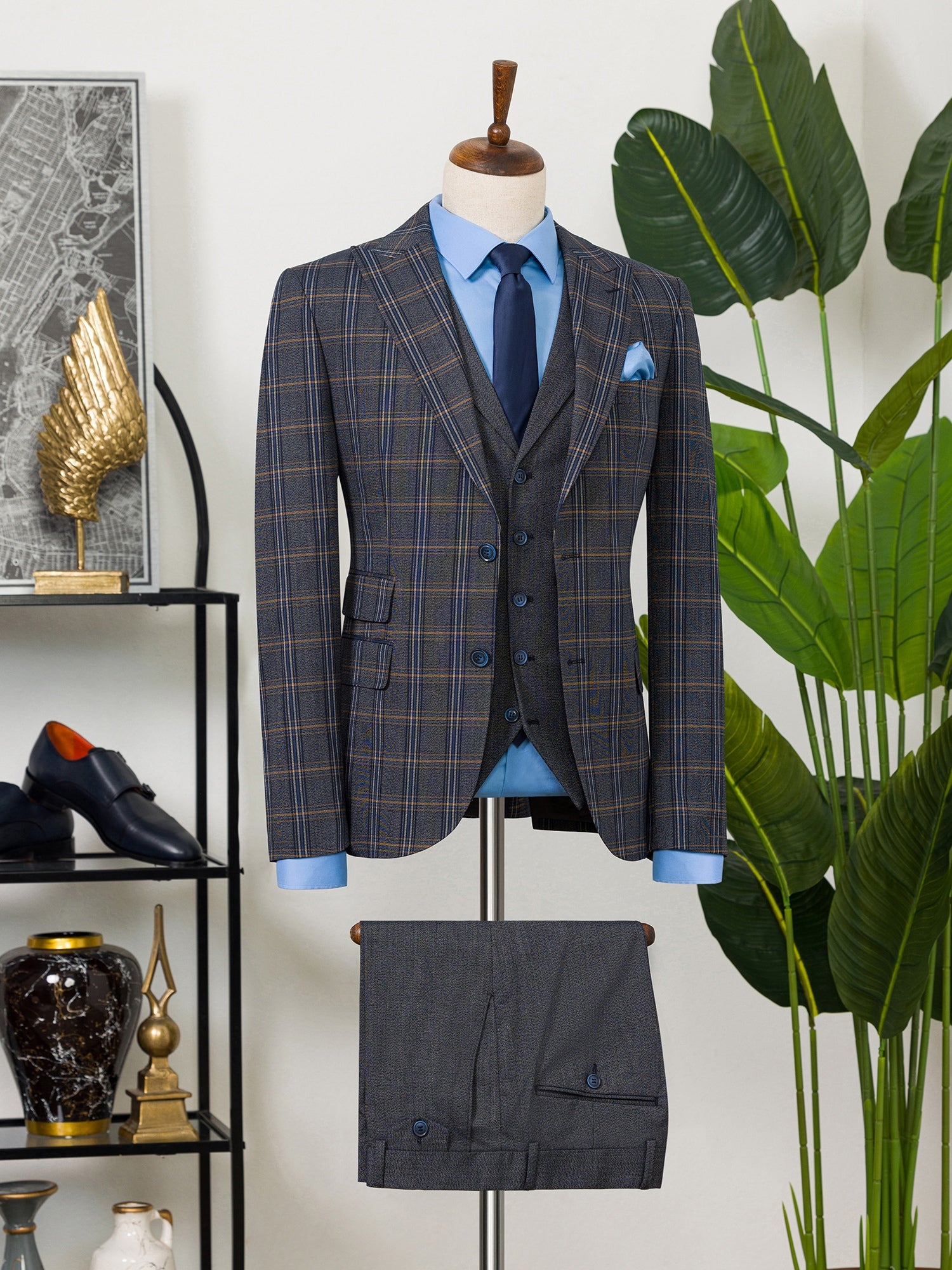 Navy Plaid Slim-Fit Suit 3-Piece