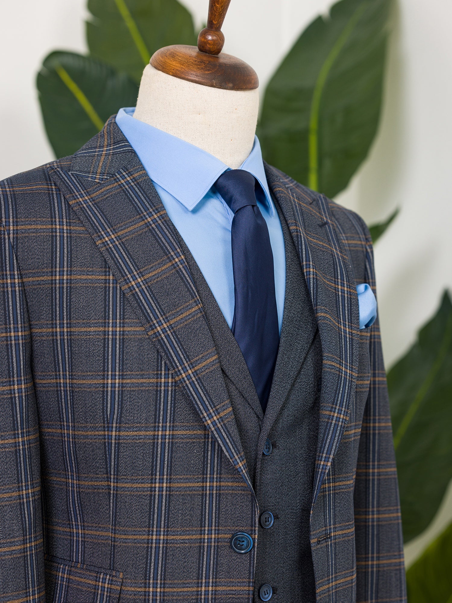 Navy Plaid Slim-Fit Suit 3-Piece