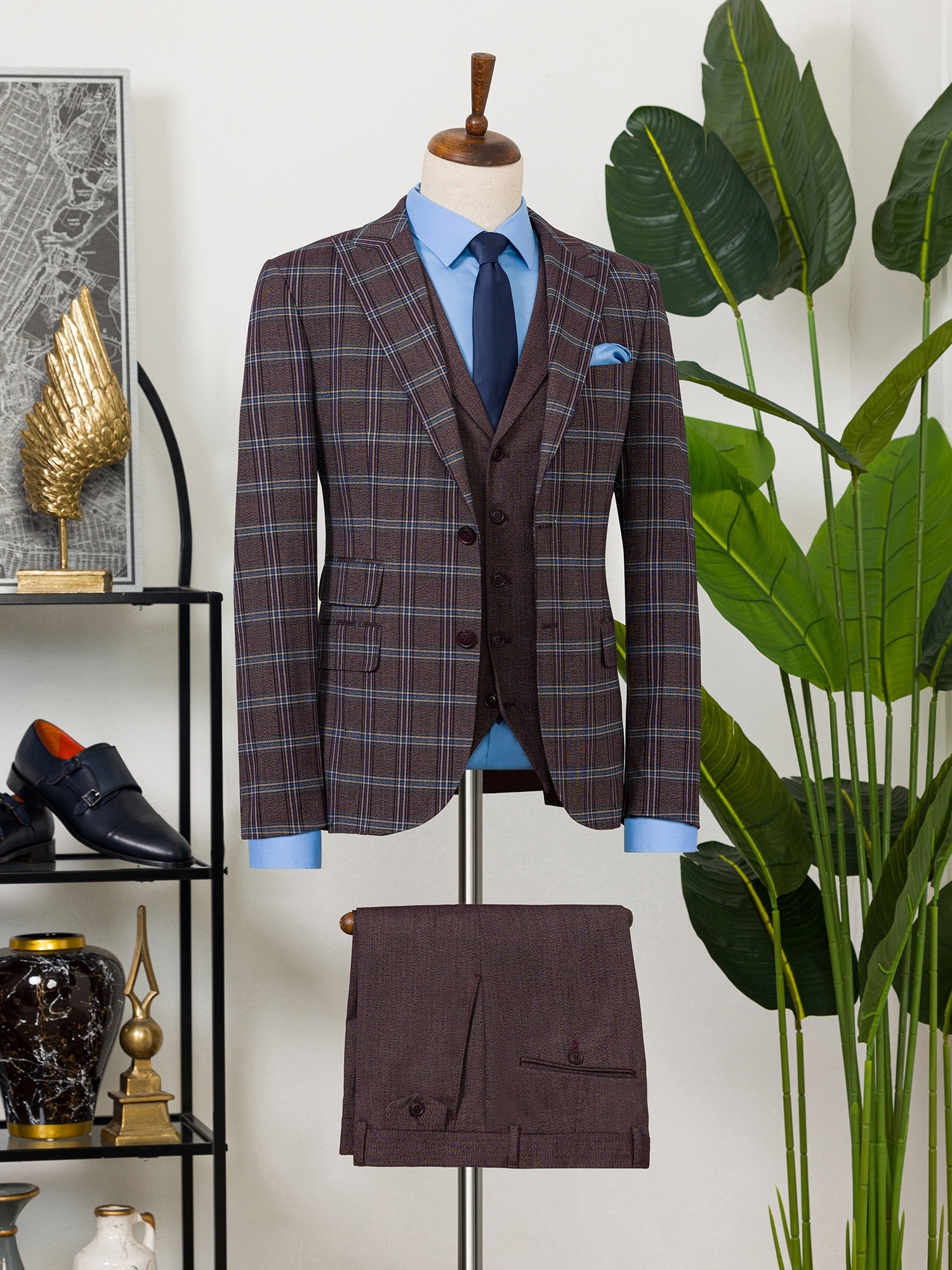 Bordeaux Plaid Slim-Fit Suit 3-Piece