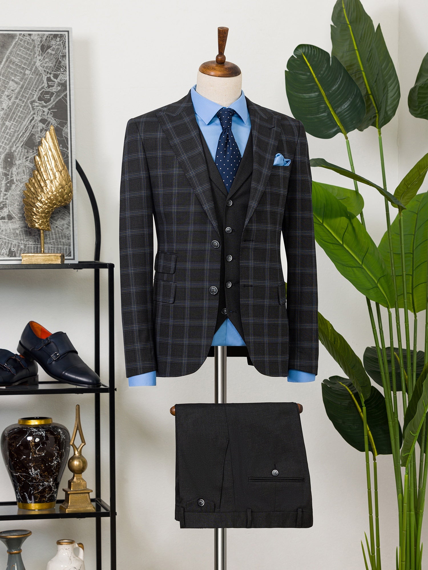 Dark Navy Plaid Slim-Fit Suit 3-Piece