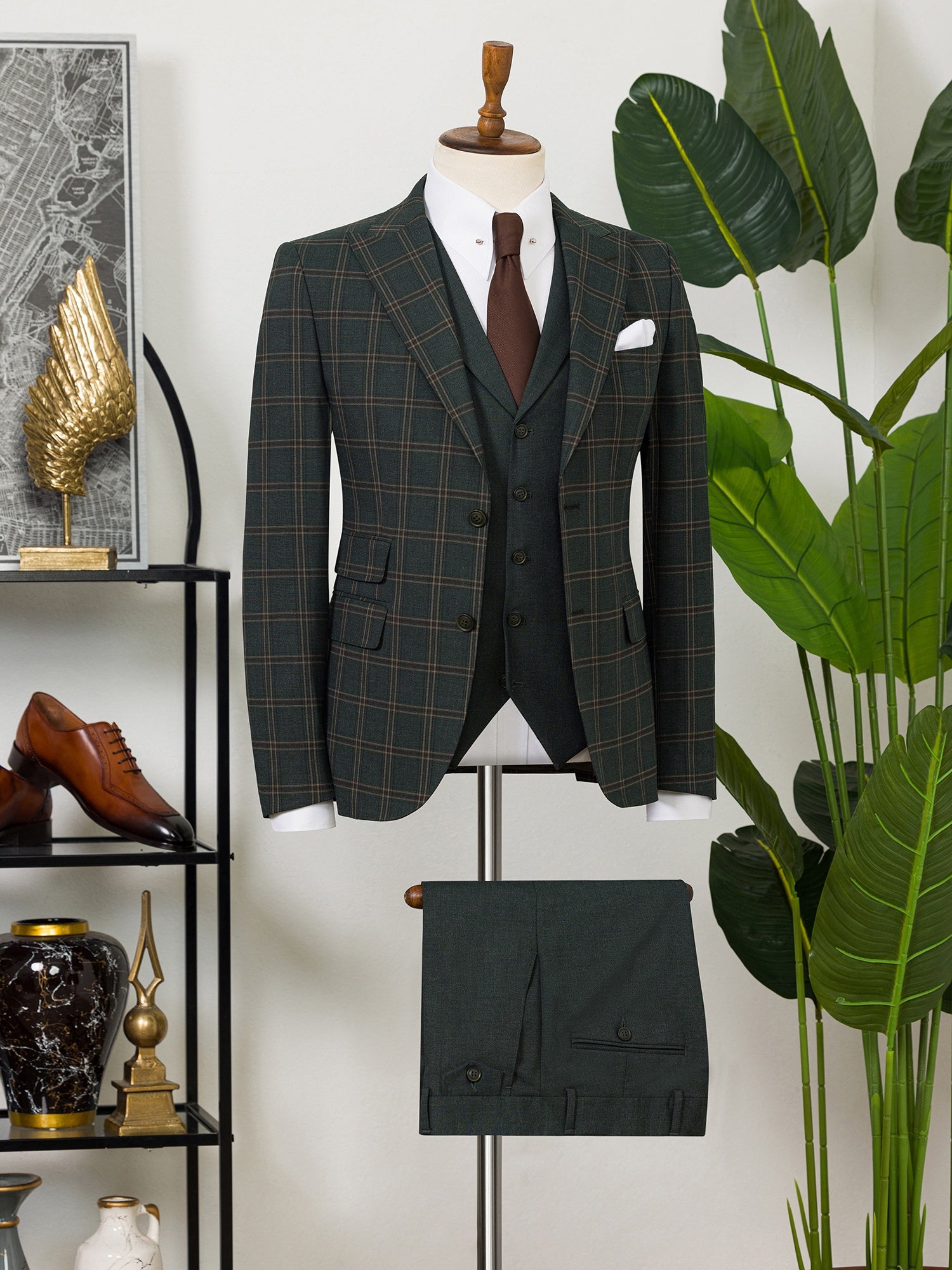 Green Plaid Slim-Fit Suit 3-Piece