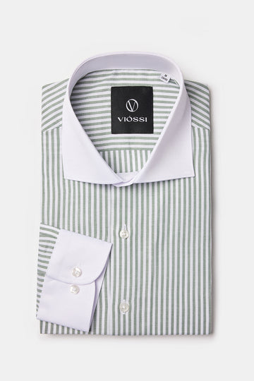 Green Striped White Collar Shirt