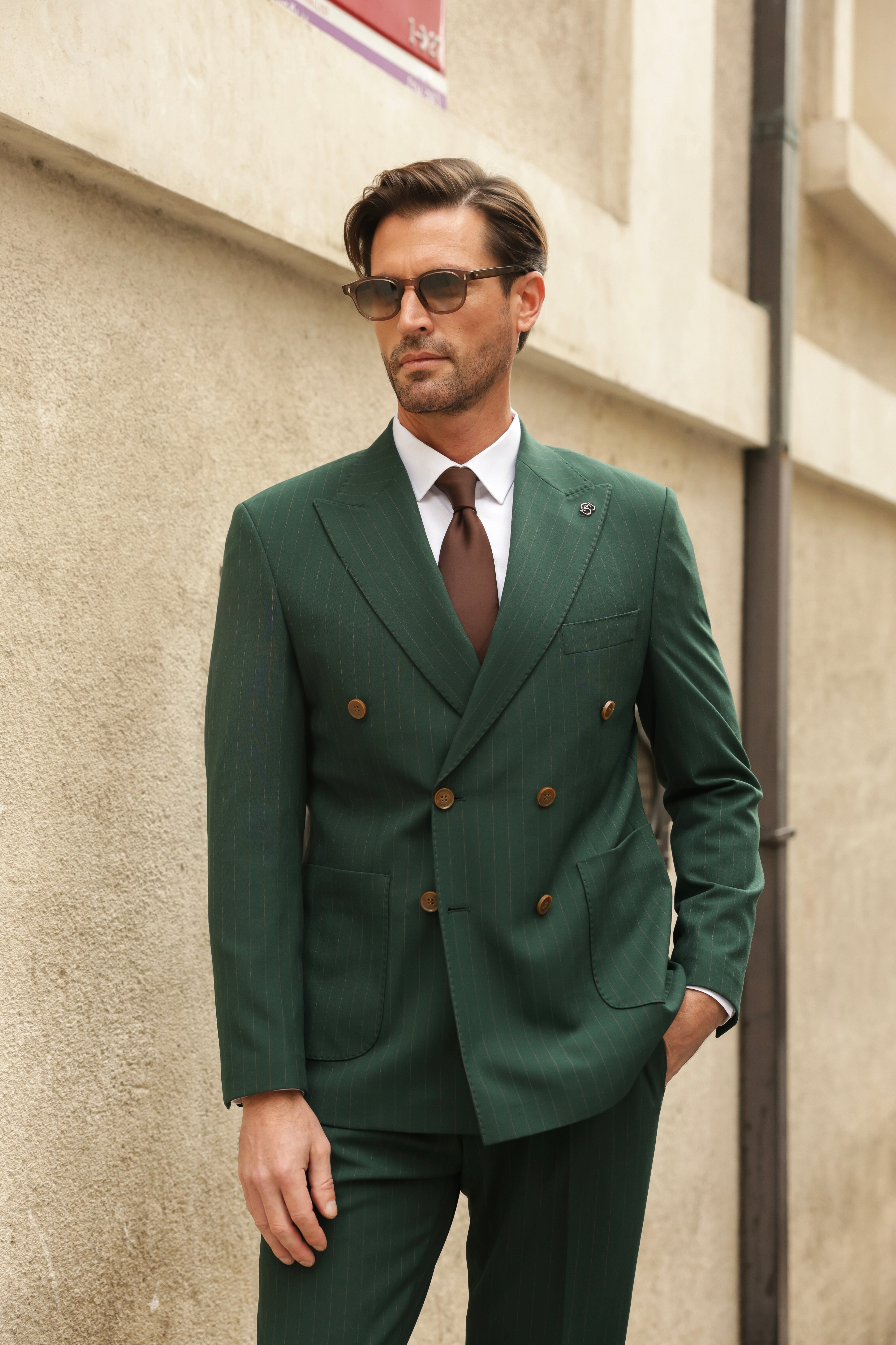 Green Striped Double Breasted Suit 2-Piece