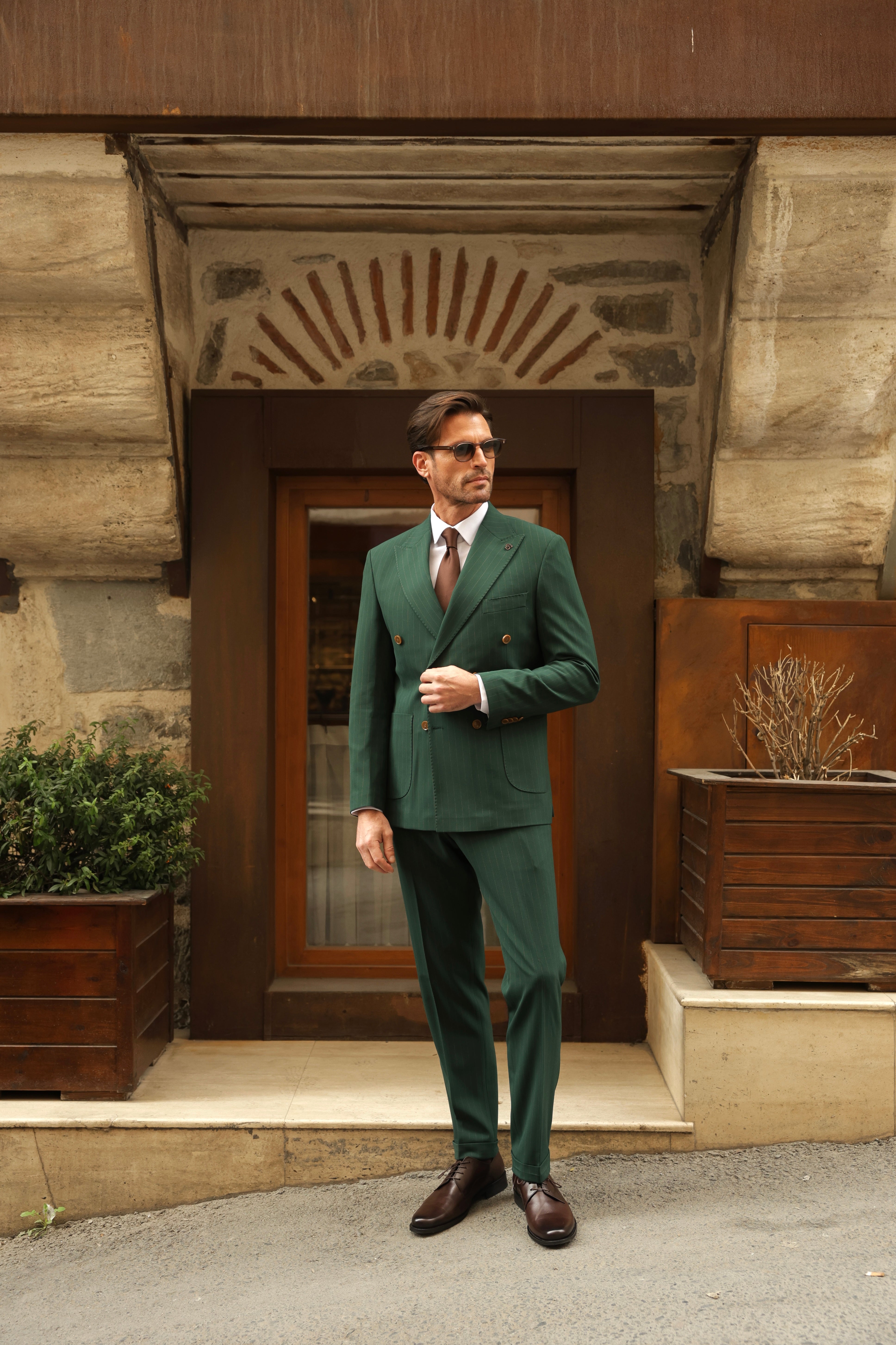 Green Striped Double Breasted Suit 2-Piece