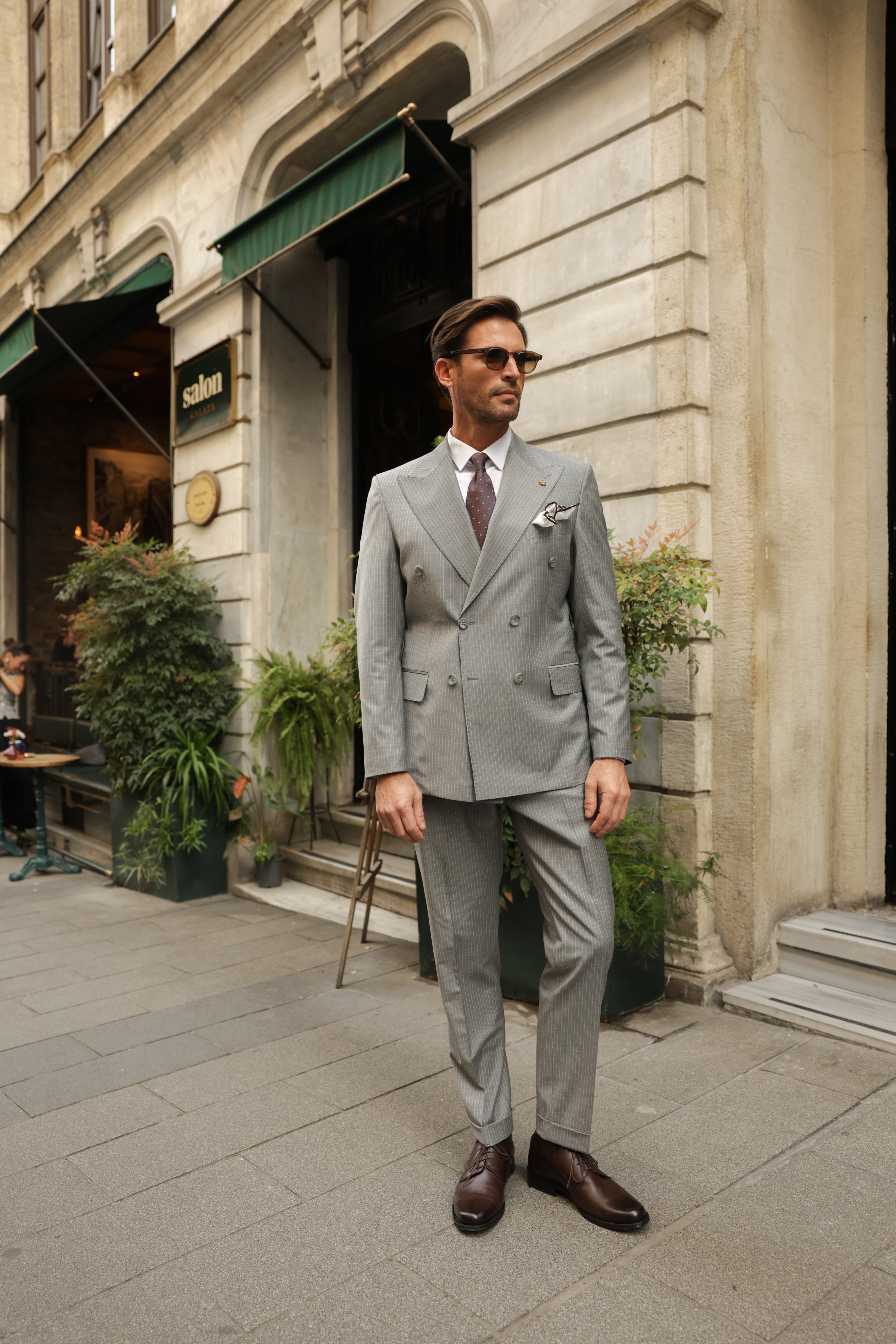 Grey Striped Double Breasted Suit 2-Piece