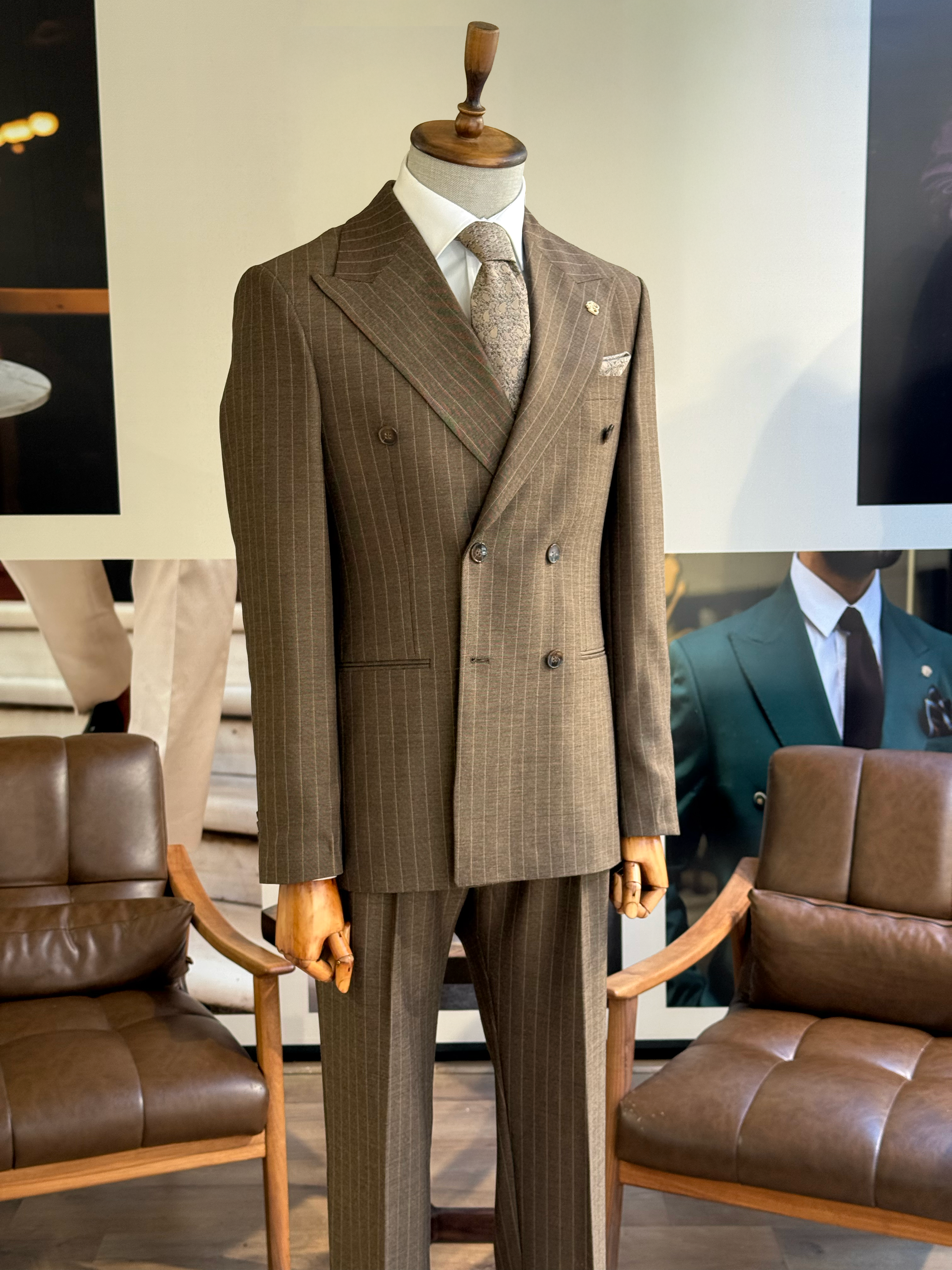 Brown Striped Double Breasted Suit 2-Piece