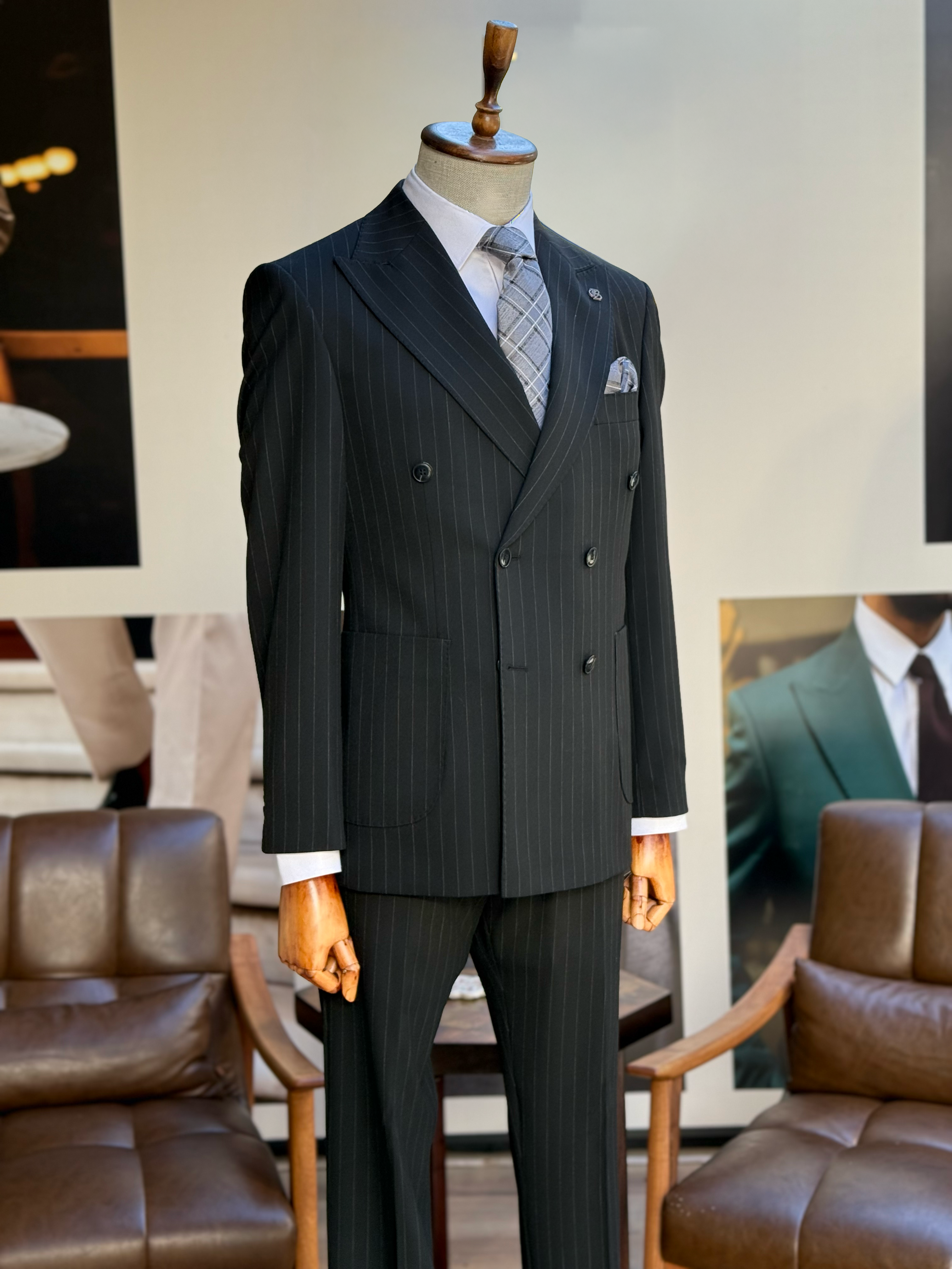 Black Striped Double Breasted Suit 2-Piece