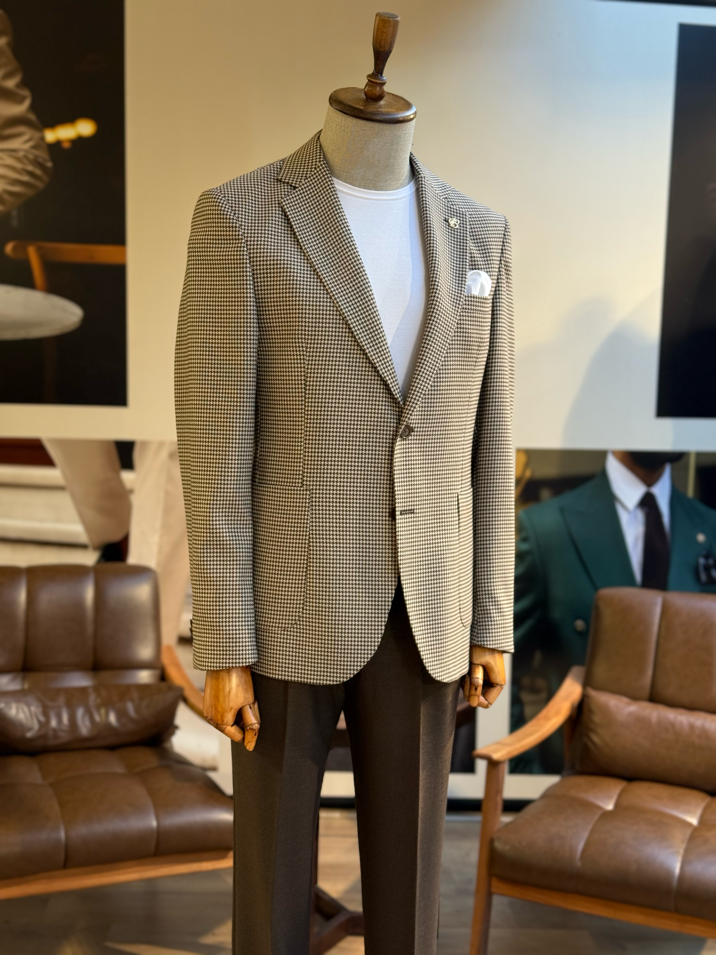 Brown Houndstooth Single Breasted Blazer