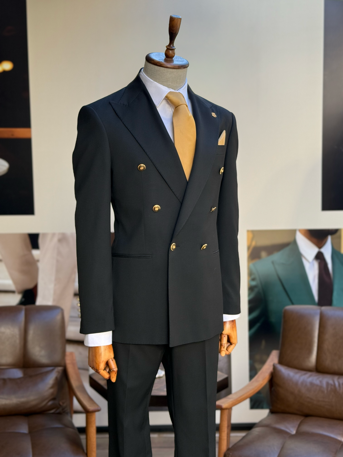 VIOSSI black tuxedo double breasted 2-piece suit front view showing italian suit styles with peak lapels and tailored fit
