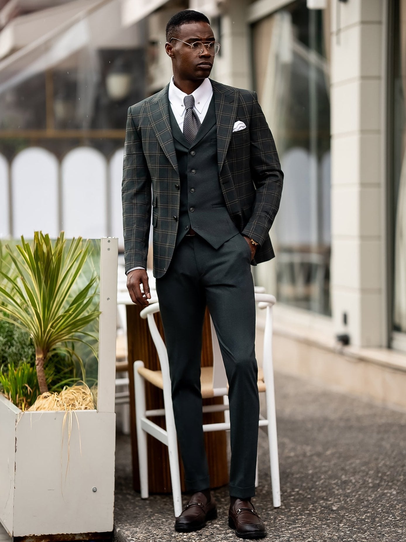 Green Plaid Slim-Fit Suit 3-Piece