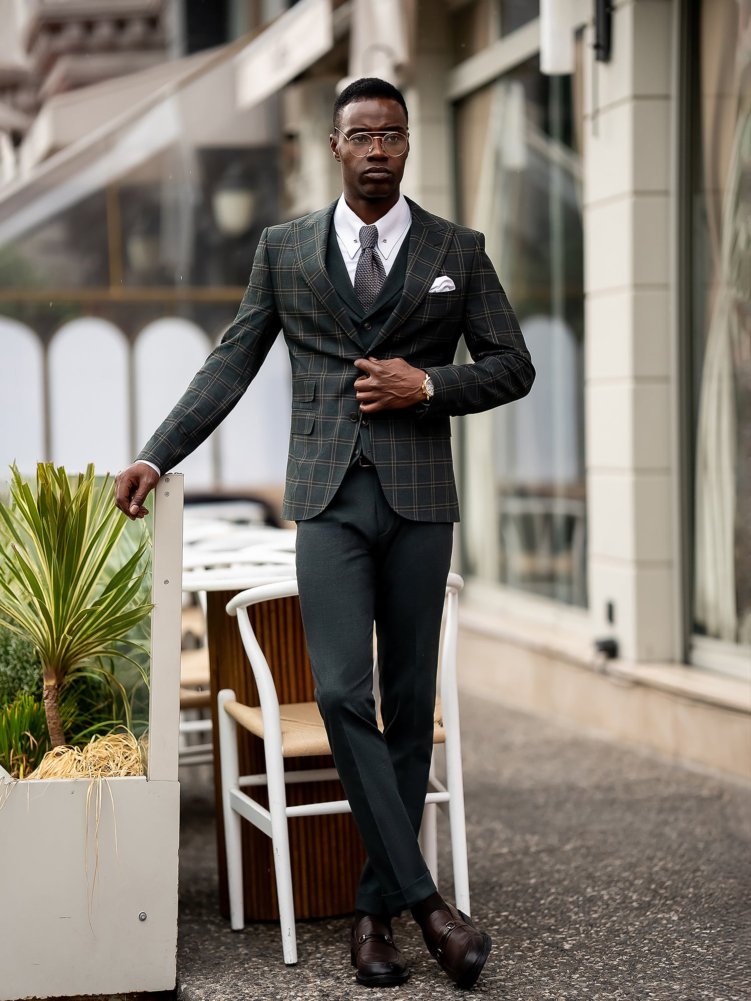 Green Plaid Slim-Fit Suit 3-Piece