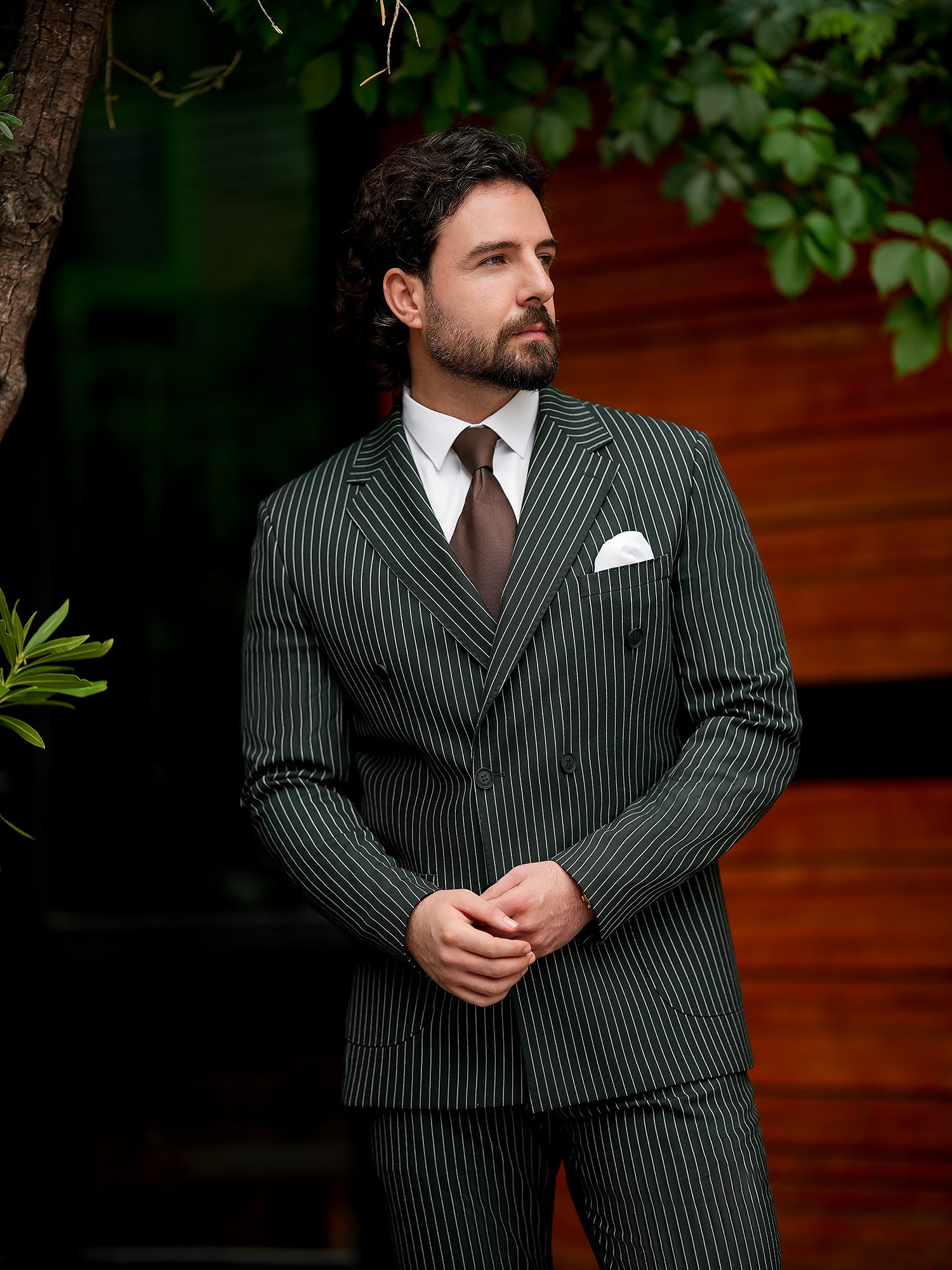 Green Striped Double Breasted Suit 2-Piece