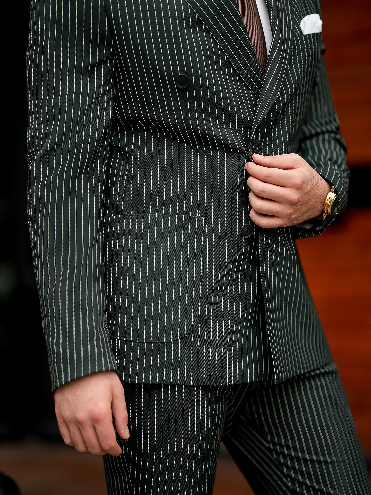 Green Striped Double Breasted Suit 2-Piece