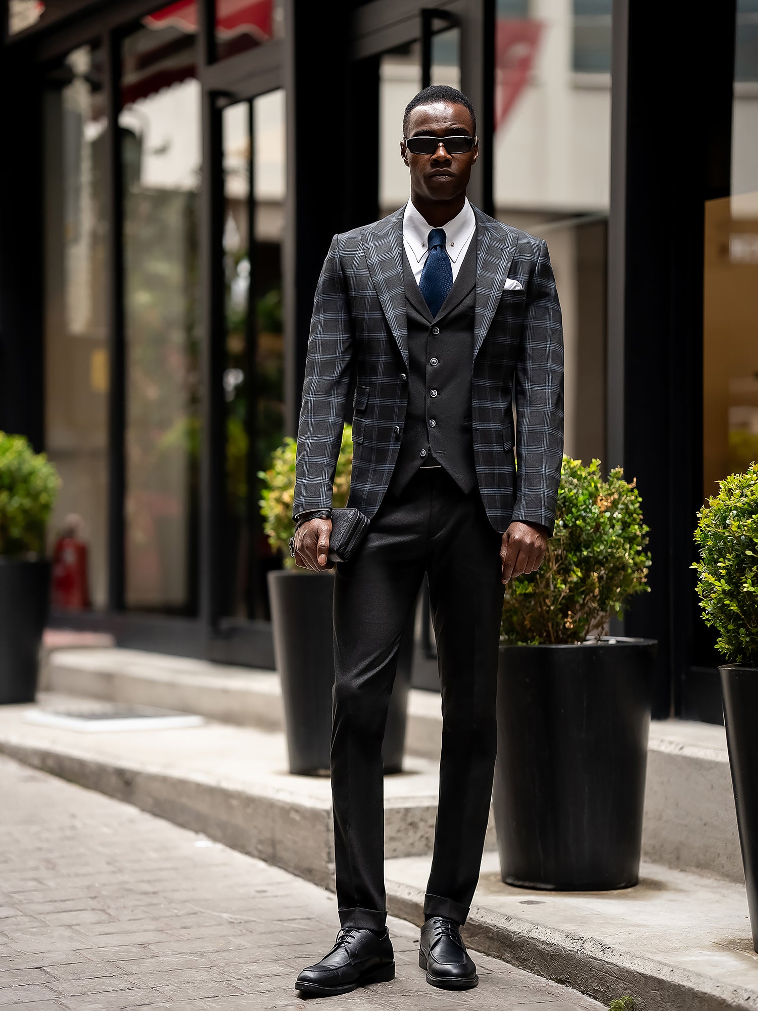 Dark Navy Plaid Slim-Fit Suit 3-Piece