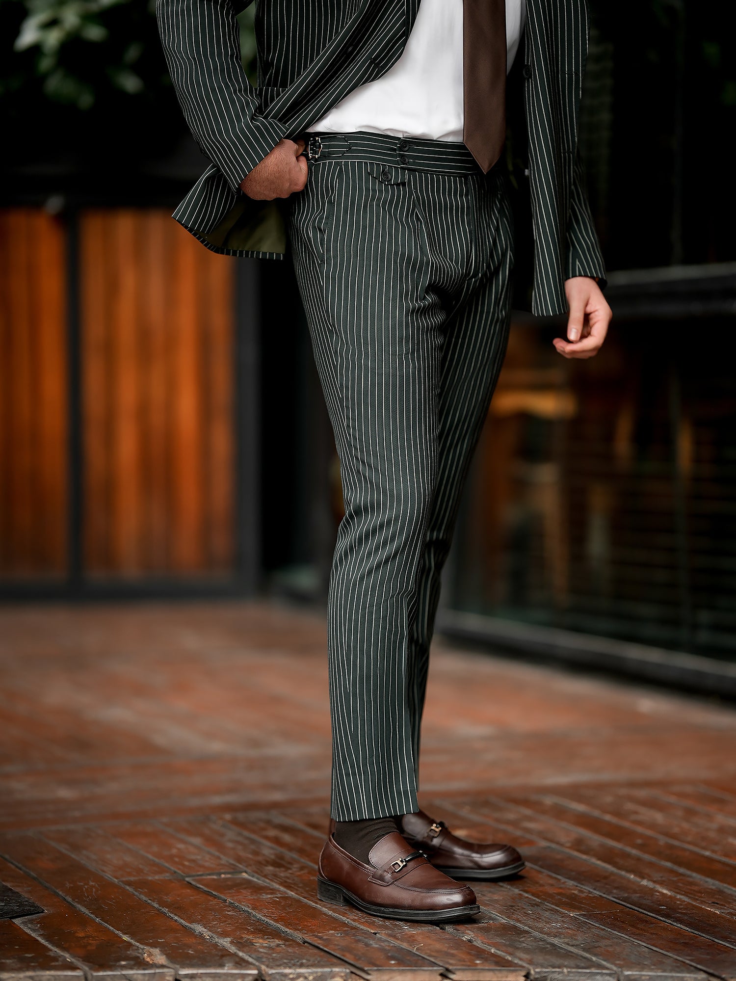 Green Striped Double Breasted Suit 2-Piece