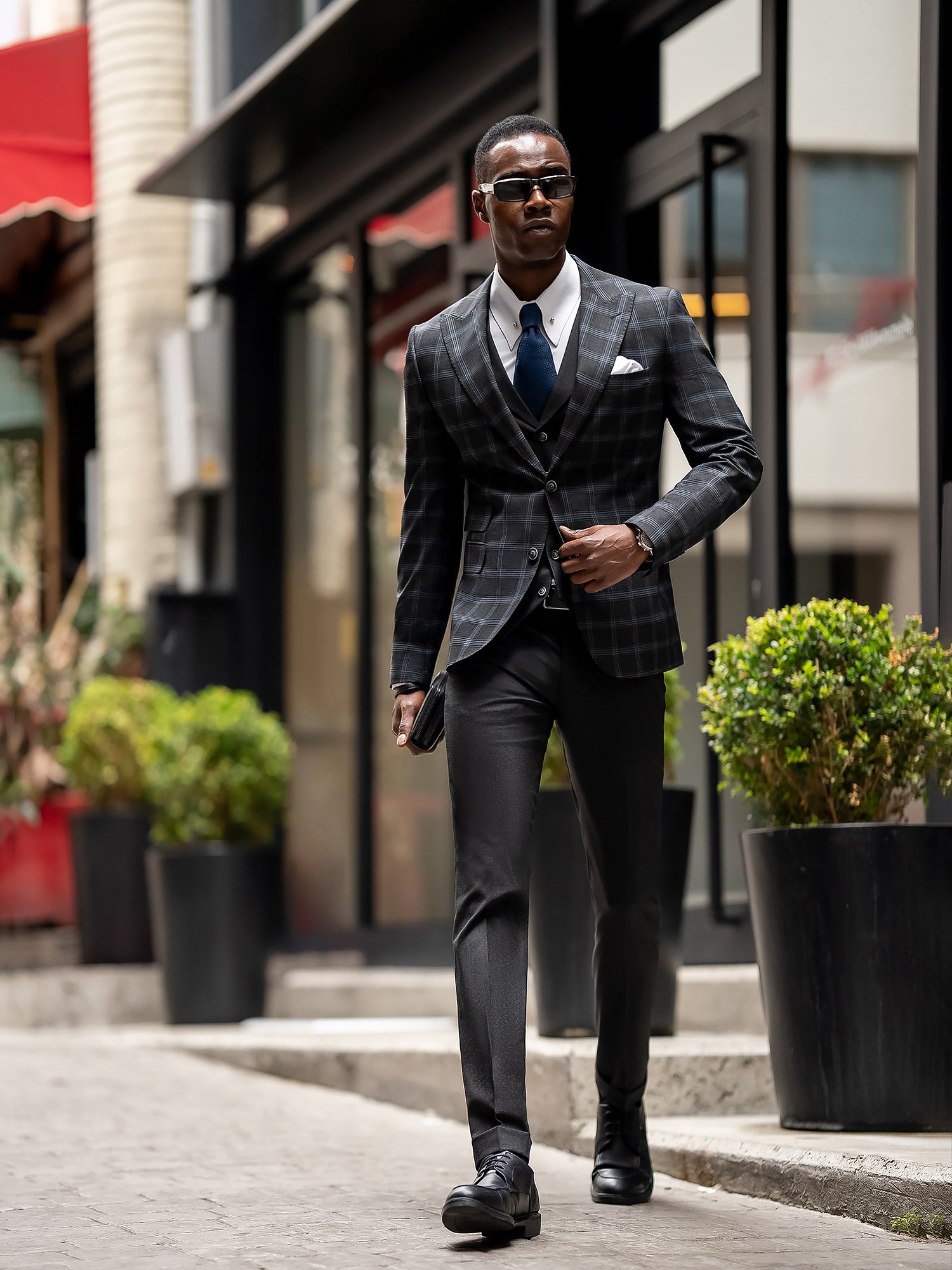 Dark Navy Plaid Slim-Fit Suit 3-Piece