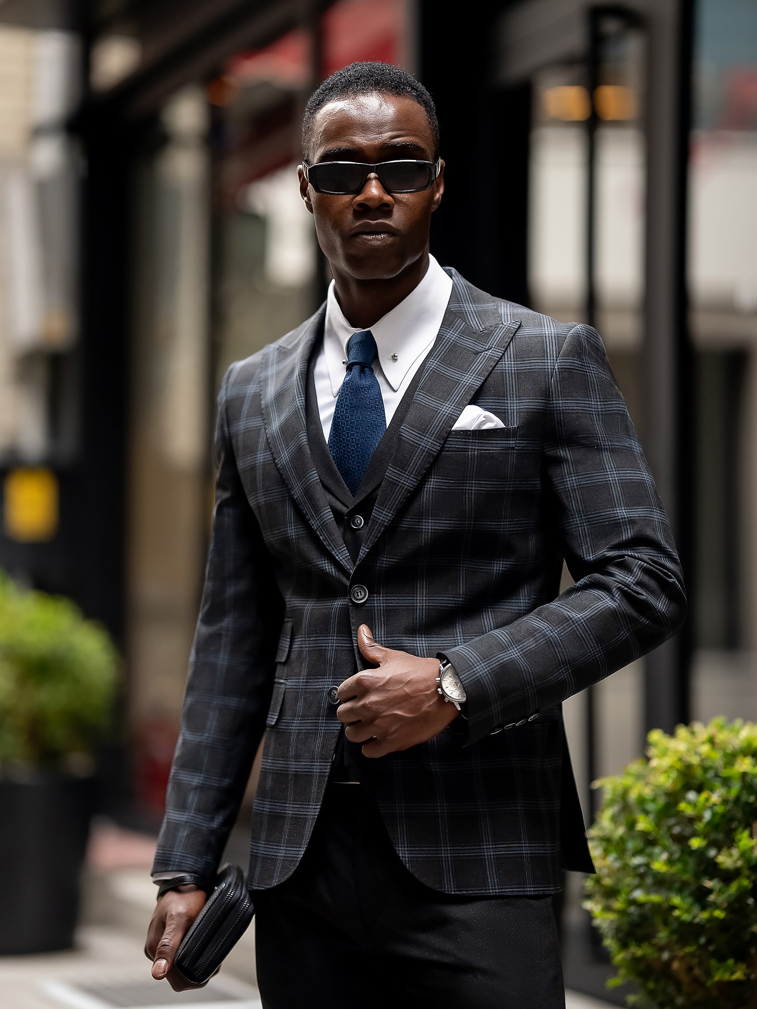 Dark Navy Plaid Slim-Fit Suit 3-Piece