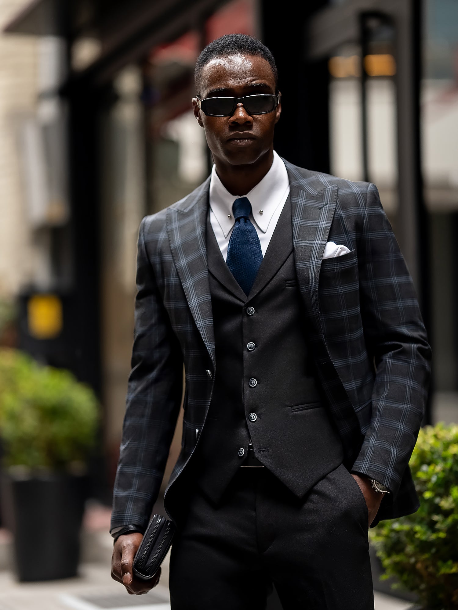 Dark Navy Plaid Slim-Fit Suit 3-Piece