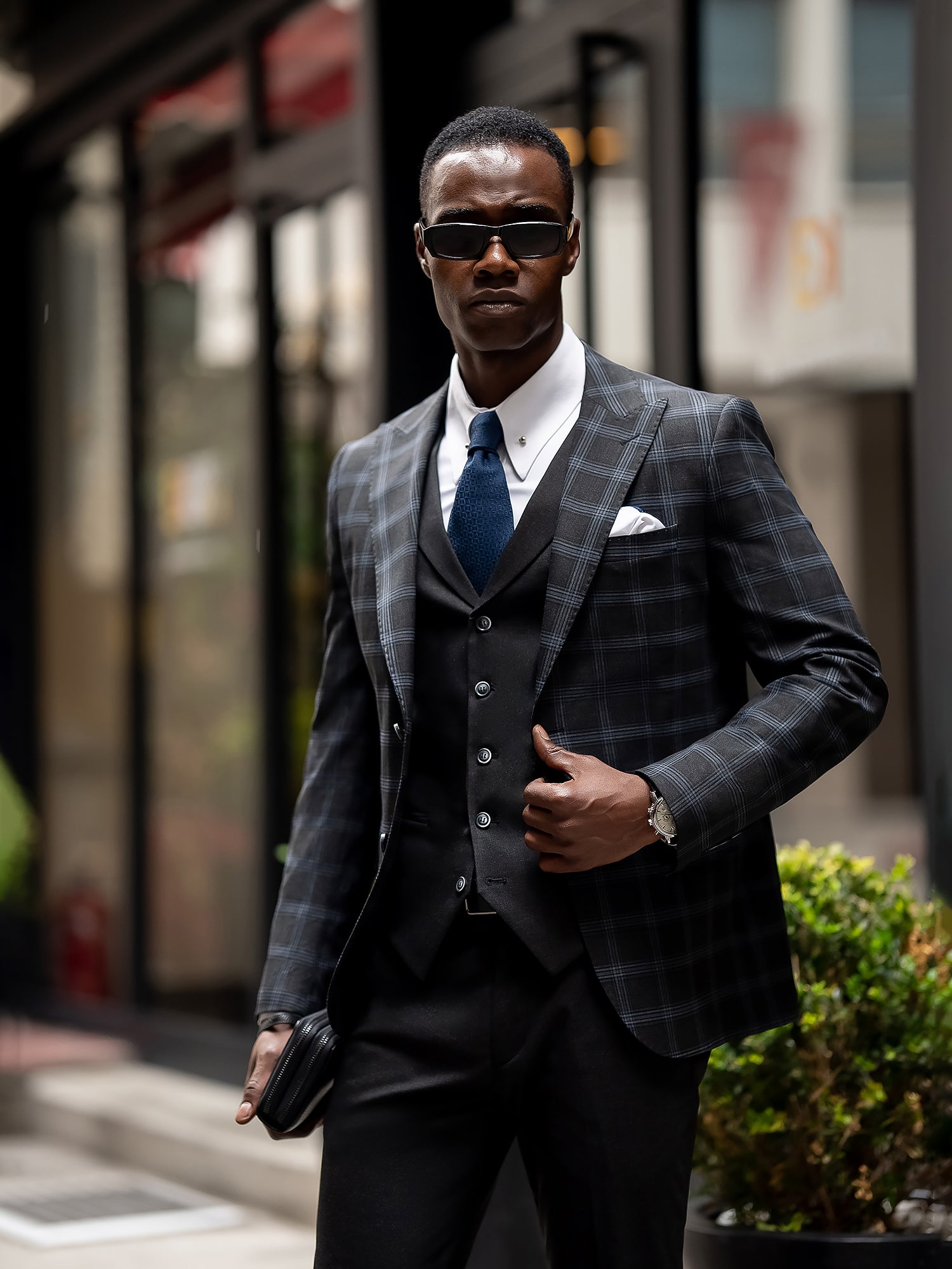 Dark Navy Plaid Slim-Fit Suit 3-Piece