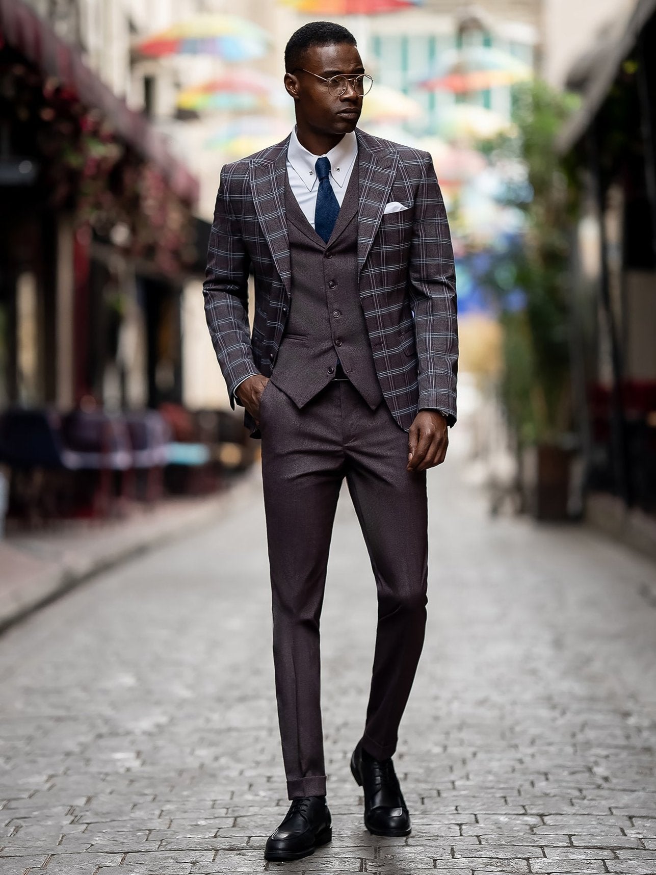 Bordeaux Plaid Slim-Fit Suit 3-Piece