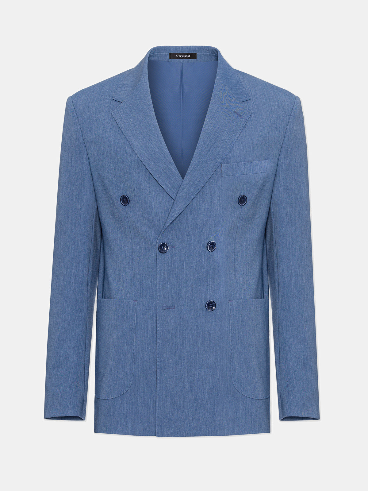 VIOSSI London blue double breasted blazer front view - tuxedo double breasted formal jacket