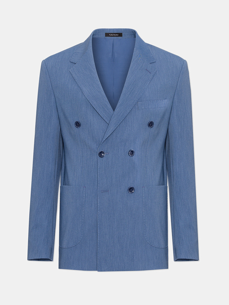 VIOSSI London blue double breasted blazer front view - tuxedo double breasted formal jacket