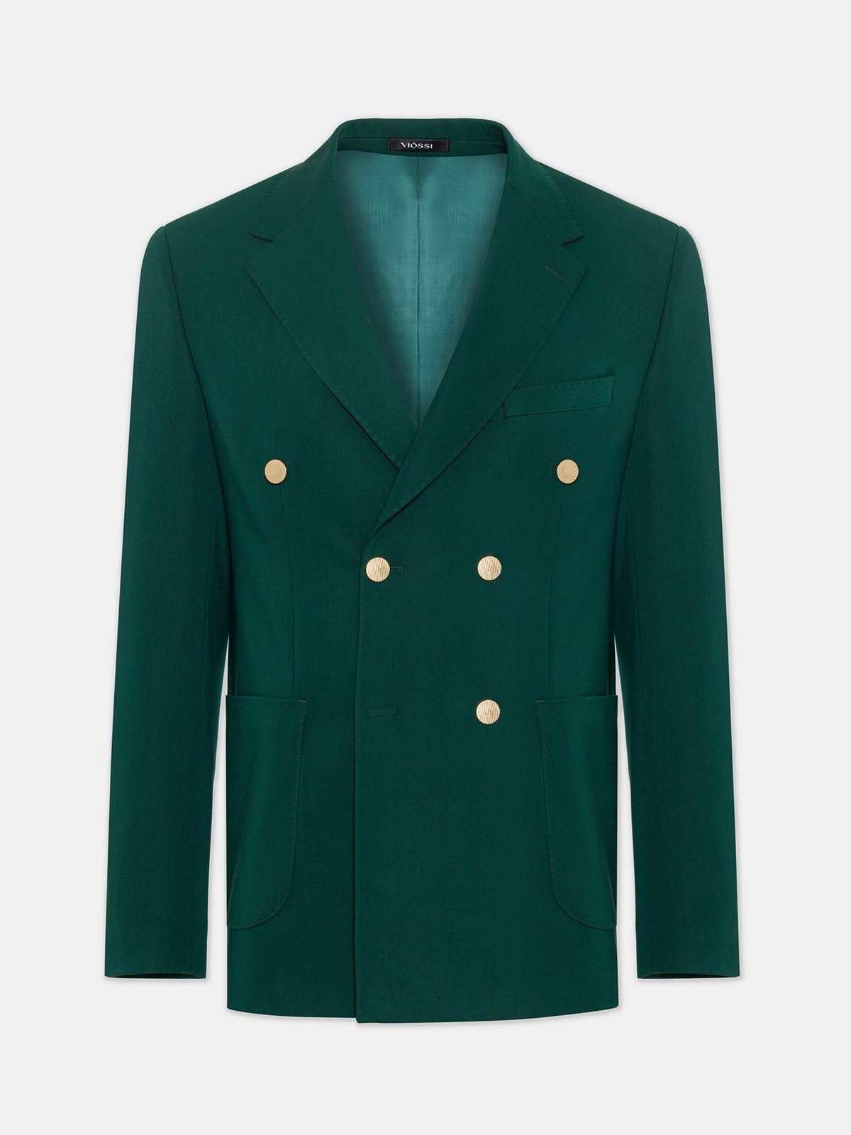 VIOSSI London Green men double breasted blazer front view - formal tuxedo style jacket in forest green