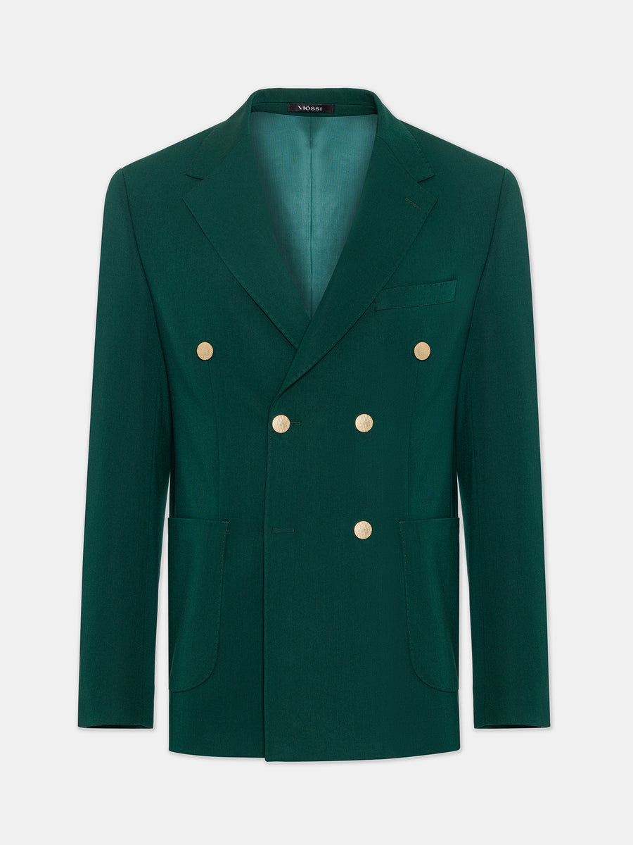 VIOSSI London Green men double breasted blazer front view - formal tuxedo style jacket in forest green