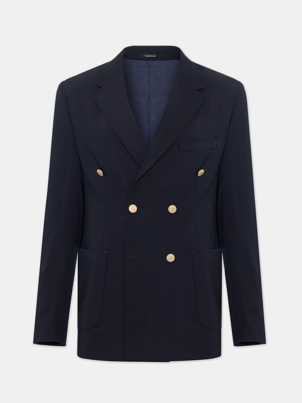VIOSSI London Navy men double breasted blazer front view - classic tuxedo style jacket in deep navy blue