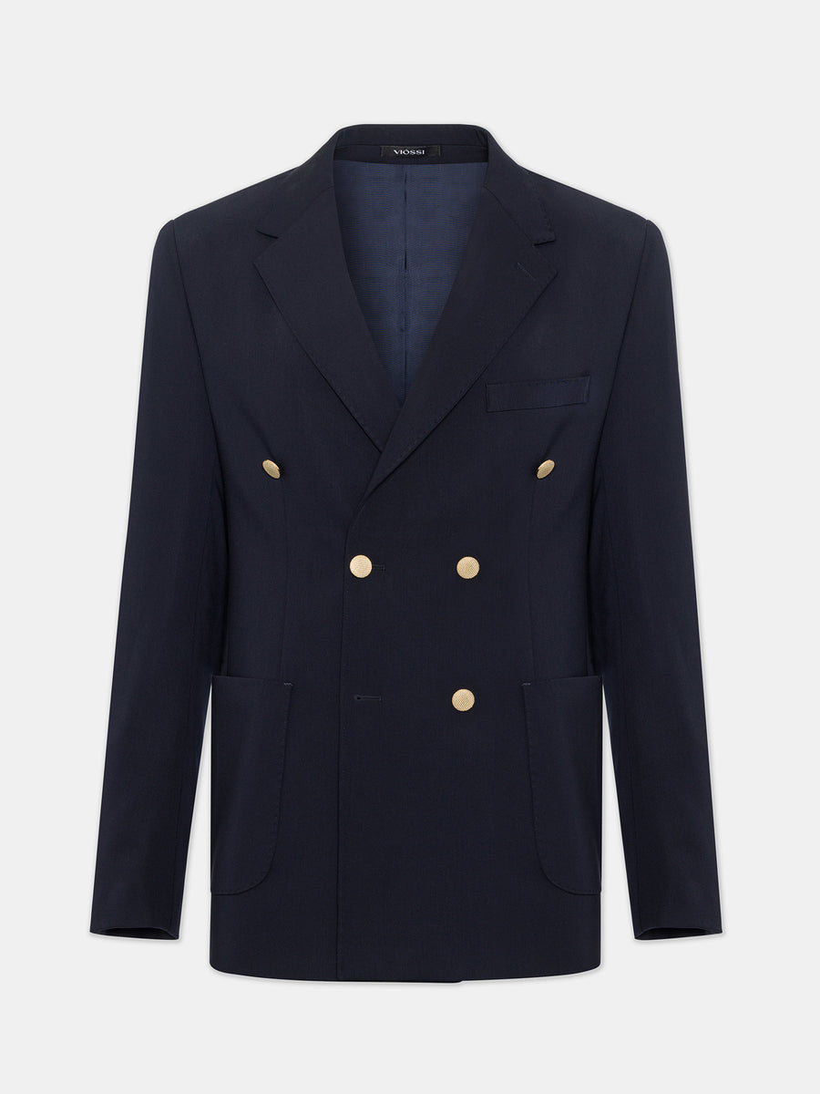 VIOSSI London Navy men double breasted blazer front view - classic tuxedo style jacket in deep navy blue