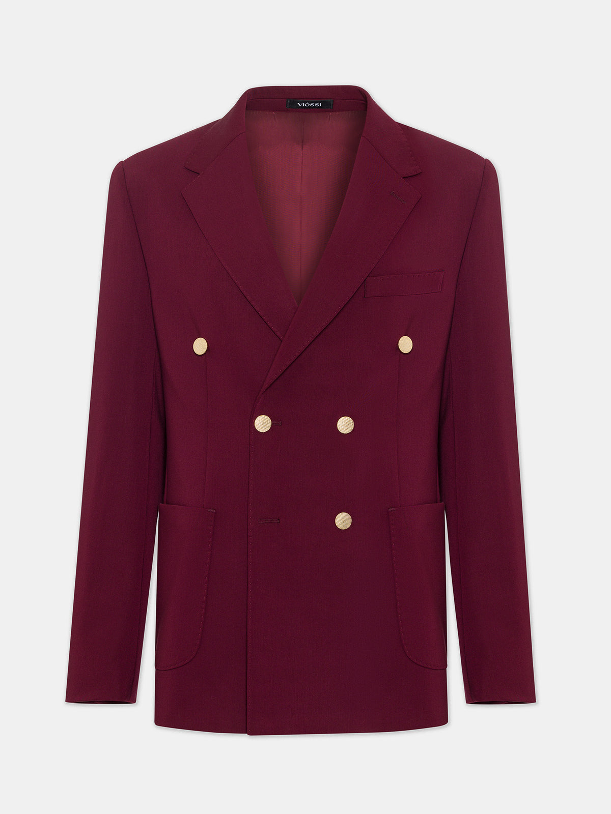 VIOSSI London Bordeaux men double breasted blazer front view - tuxedo style jacket in burgundy red