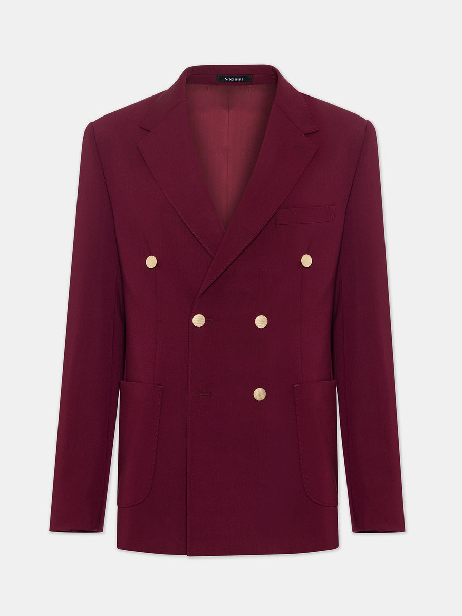 VIOSSI London Bordeaux men double breasted blazer front view - tuxedo style jacket in burgundy red